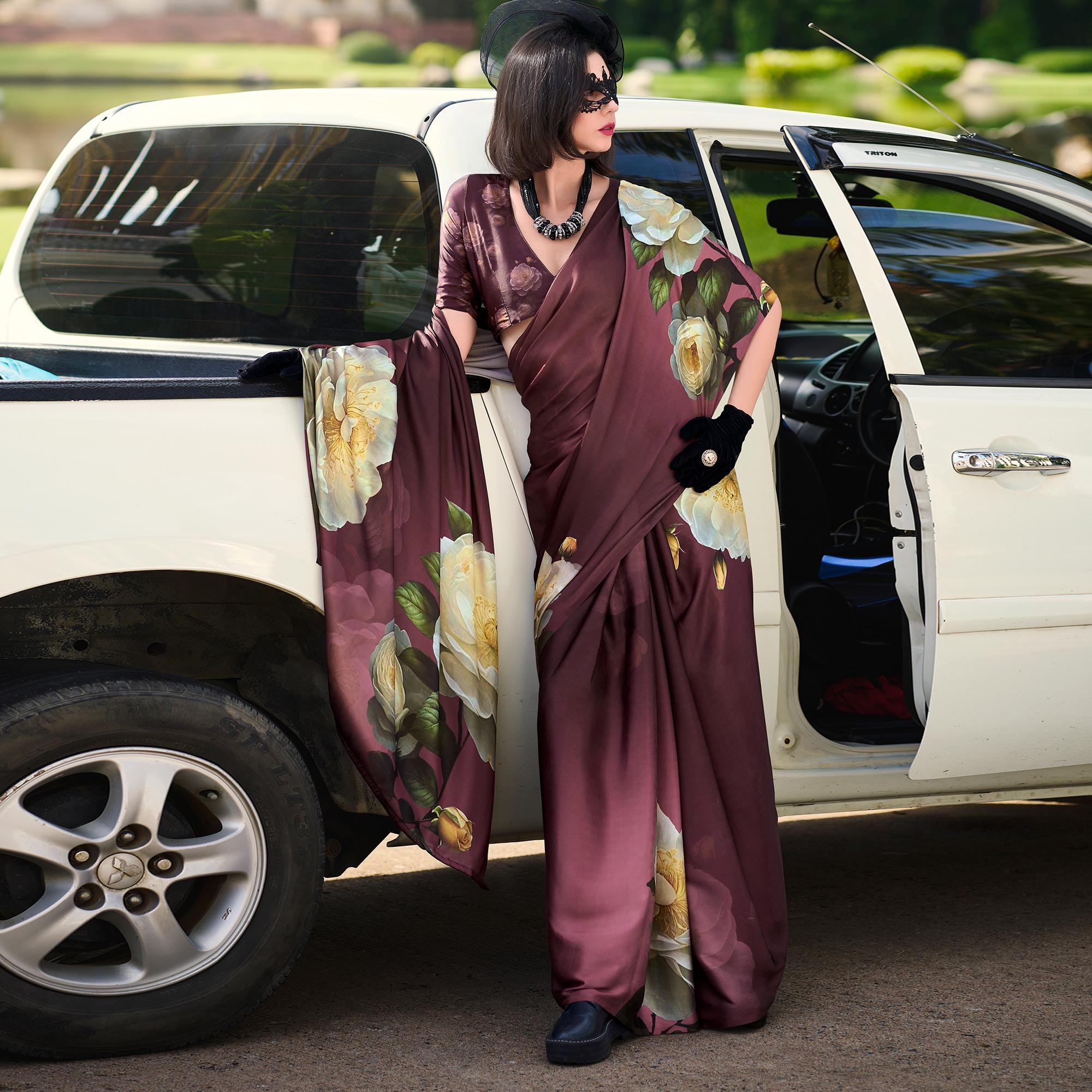 Peachmode Wine Floral Digital Printed Pure Satin Saree