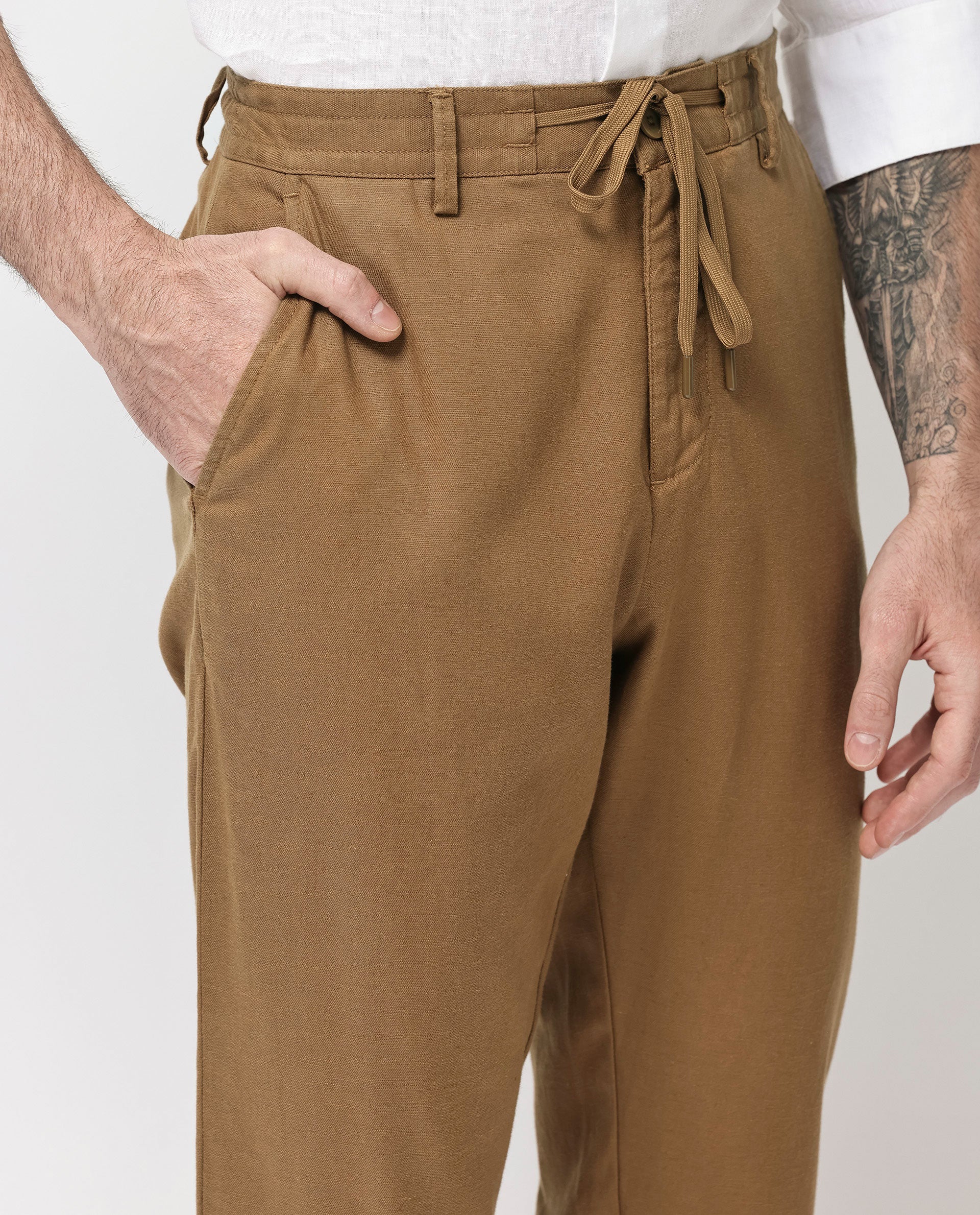 Rare Rabbit Mens Reric Pastel Brown Drawstring Closure Solid Linen Trouser - view 3