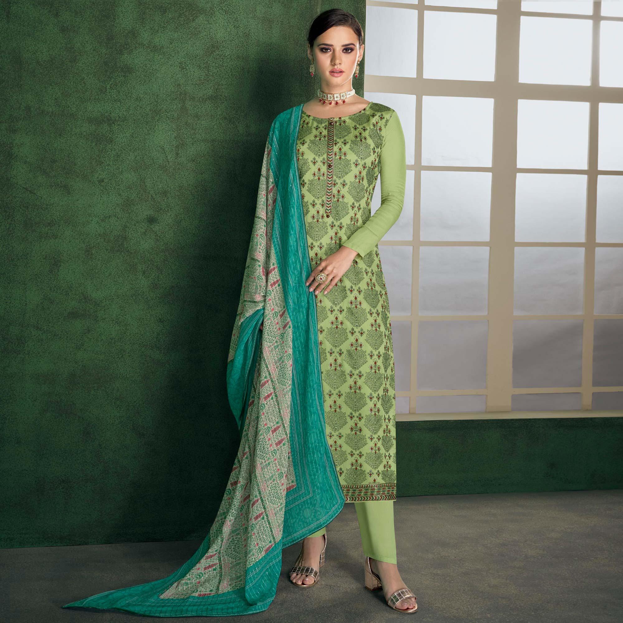 Peachmode Light Green Embroidered Heavy Faux Georgette Partywear Suit