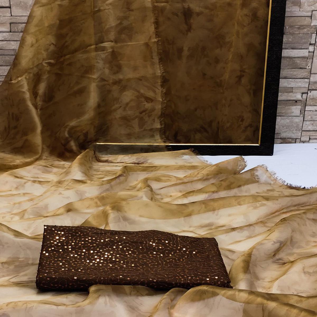 Peachmode Coffee Casual Wear Printed Organza Saree - view 3