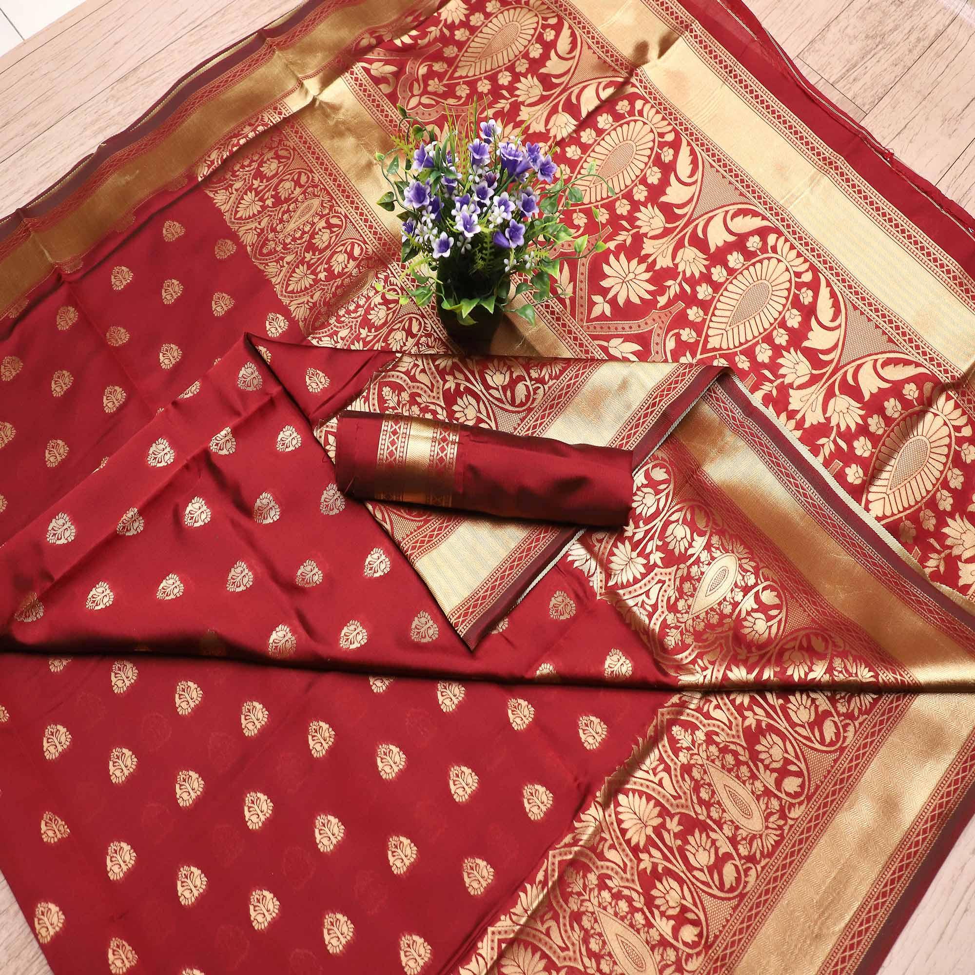 Peachmode Lovely Maroon Colored Festive Wear Woven Banarasi Silk Saree