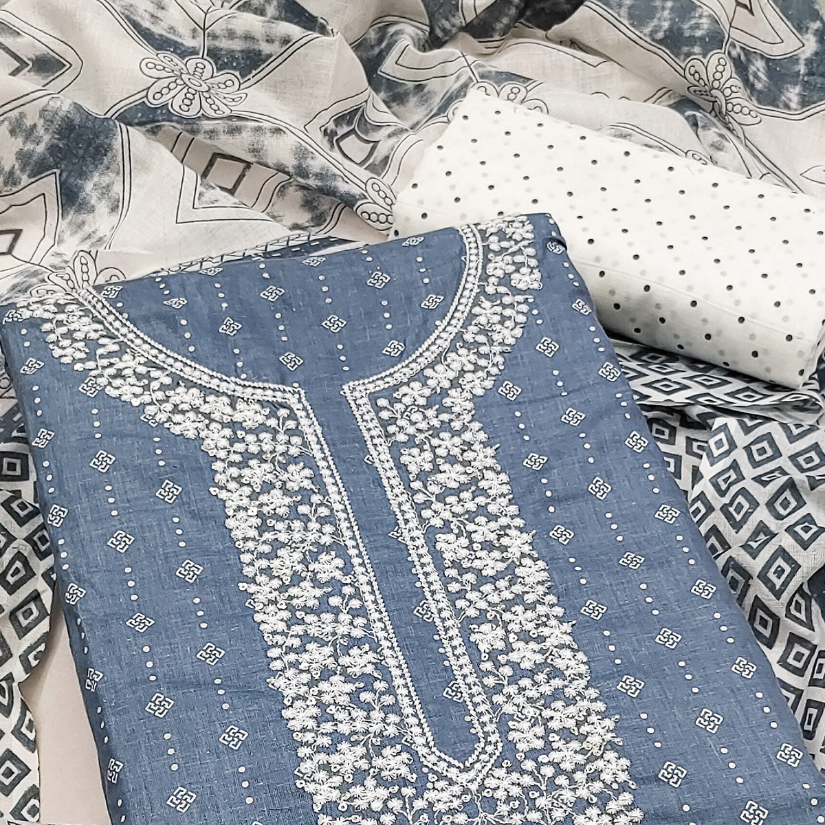 Peachmode Grey Printed With Embroidered Pure Cotton Dress Material - view 2