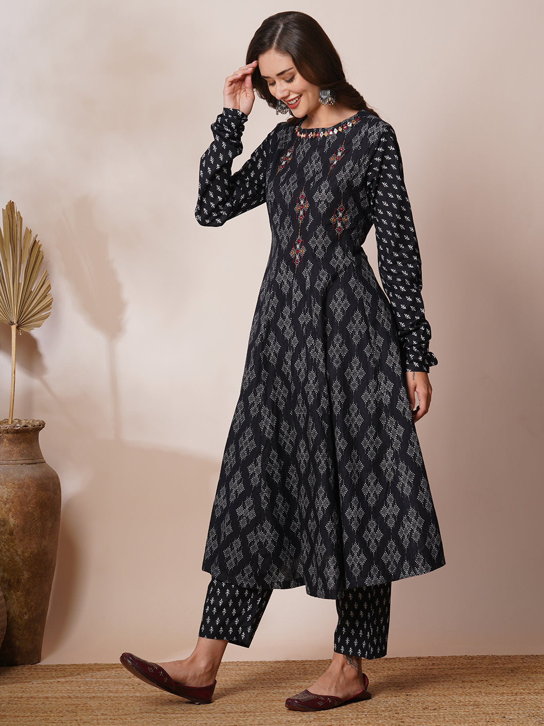 FASHOR Ethnic Printed & Mirror Embroidered Anarkali Flared Kurta with Pant - Black - view 4