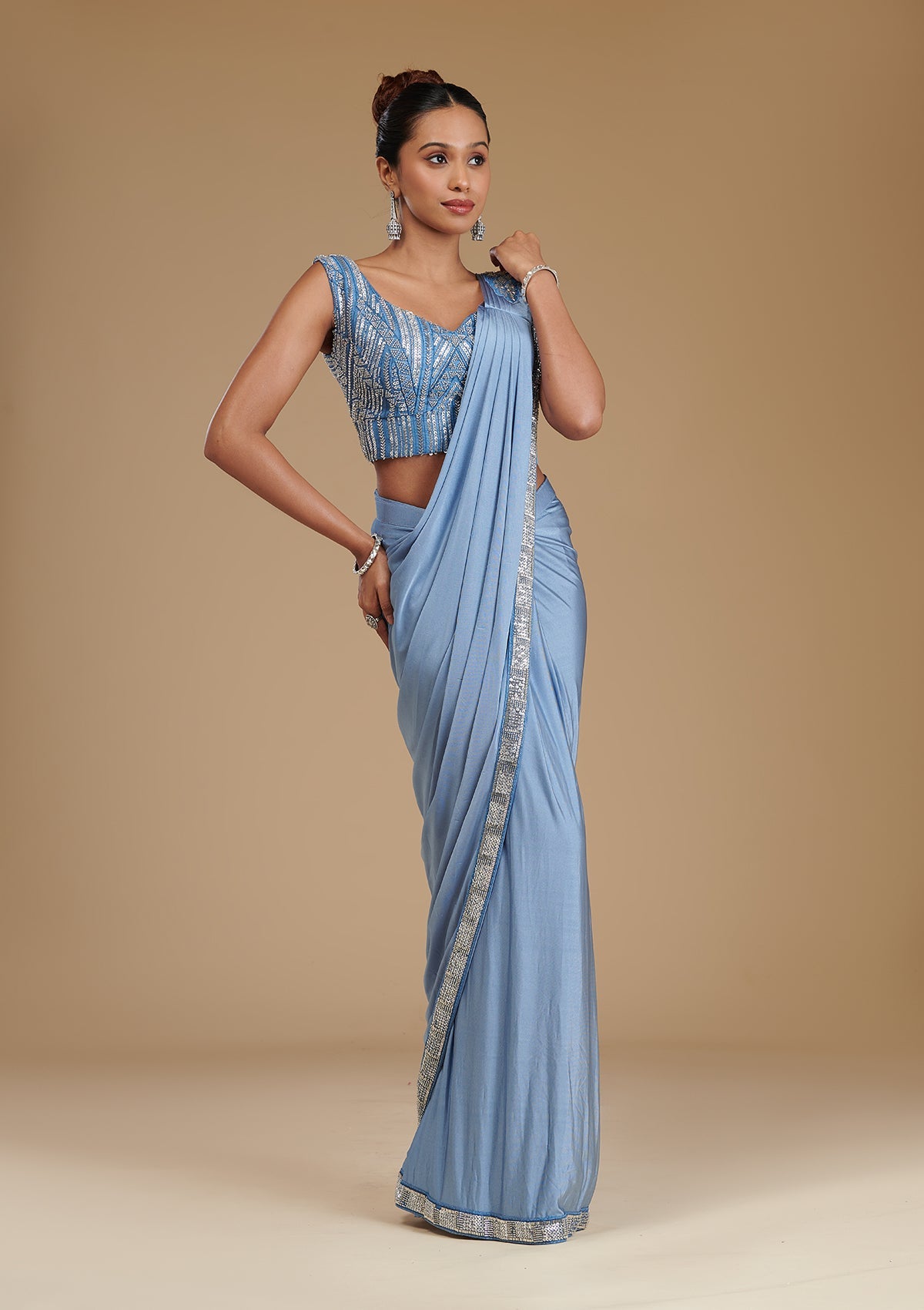 Koskii Grey Sequins Satin Readymade Saree – Women's - view 6