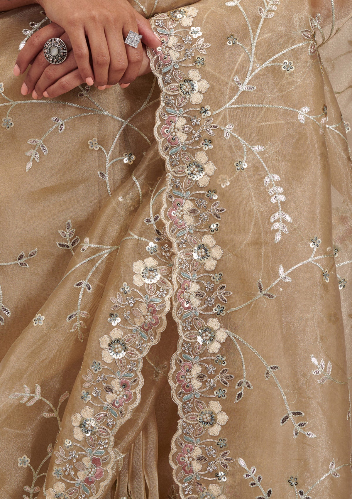 Koskii Beige Zariwork Tissue Saree – Women's - view 6