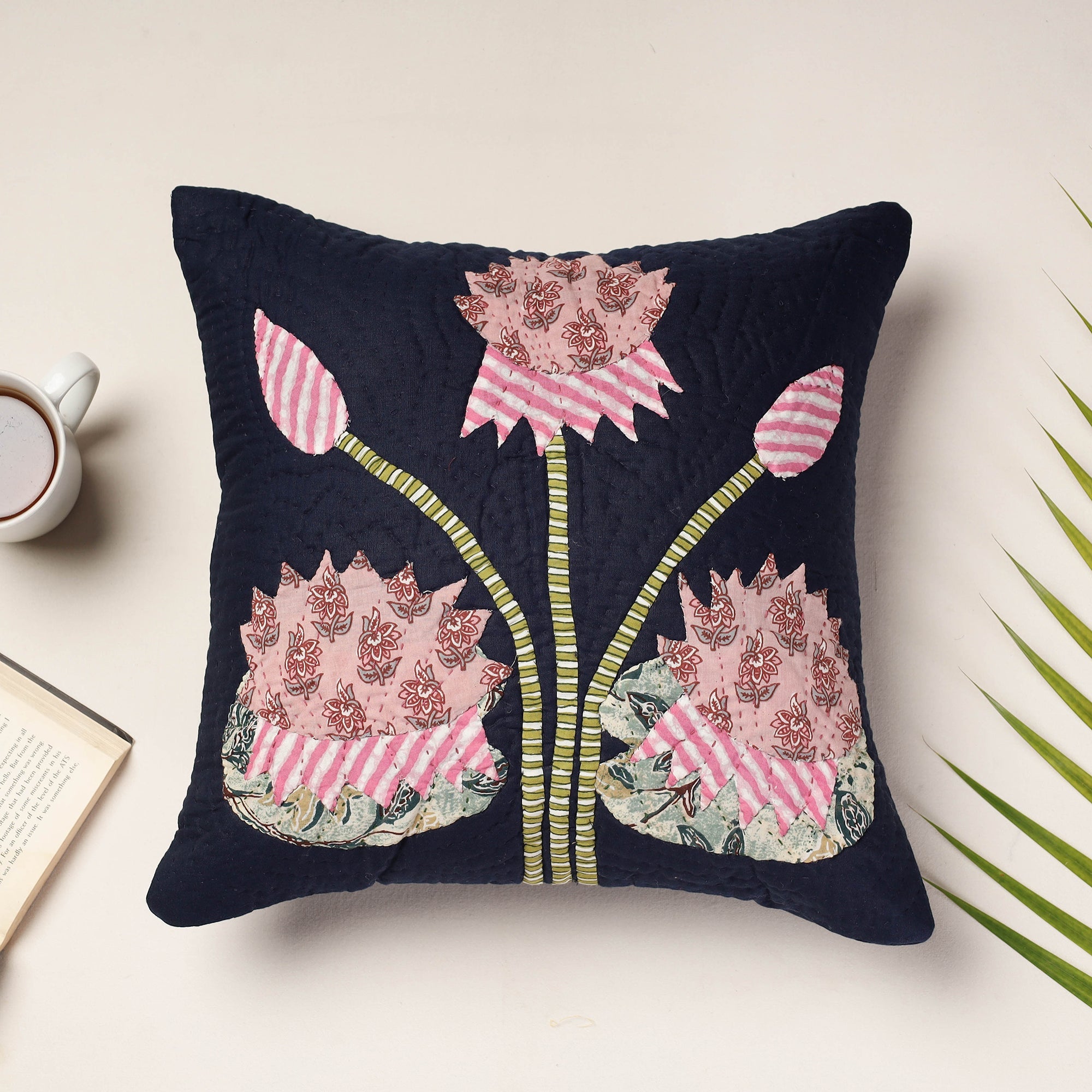 PURKAL STREE SHAKTI SAMITI Black - Applique Quilted Cotton Cushion Cover (16 x 16 in)