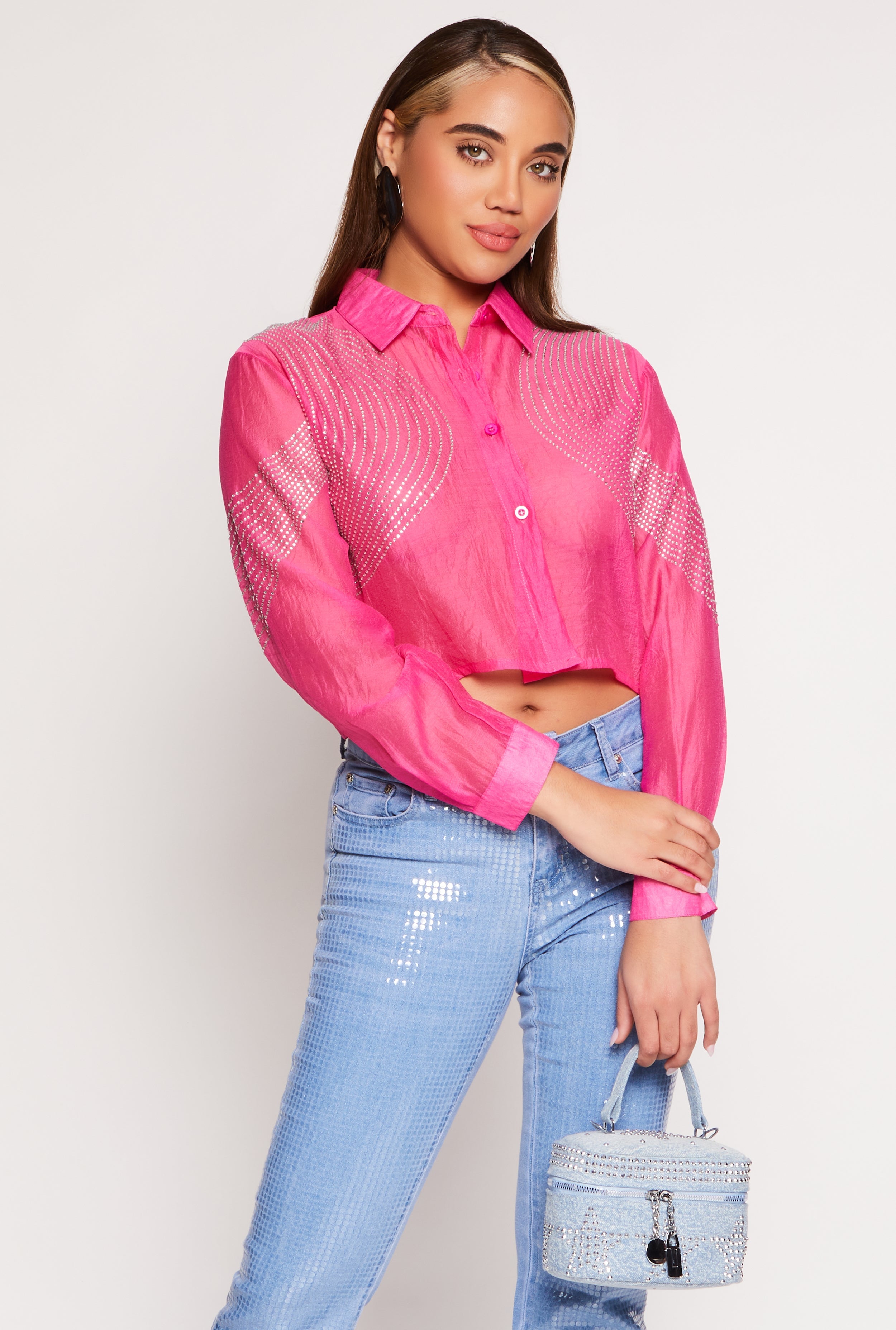 Rainbow Shops Organza Rhinestone Studded Crop Top