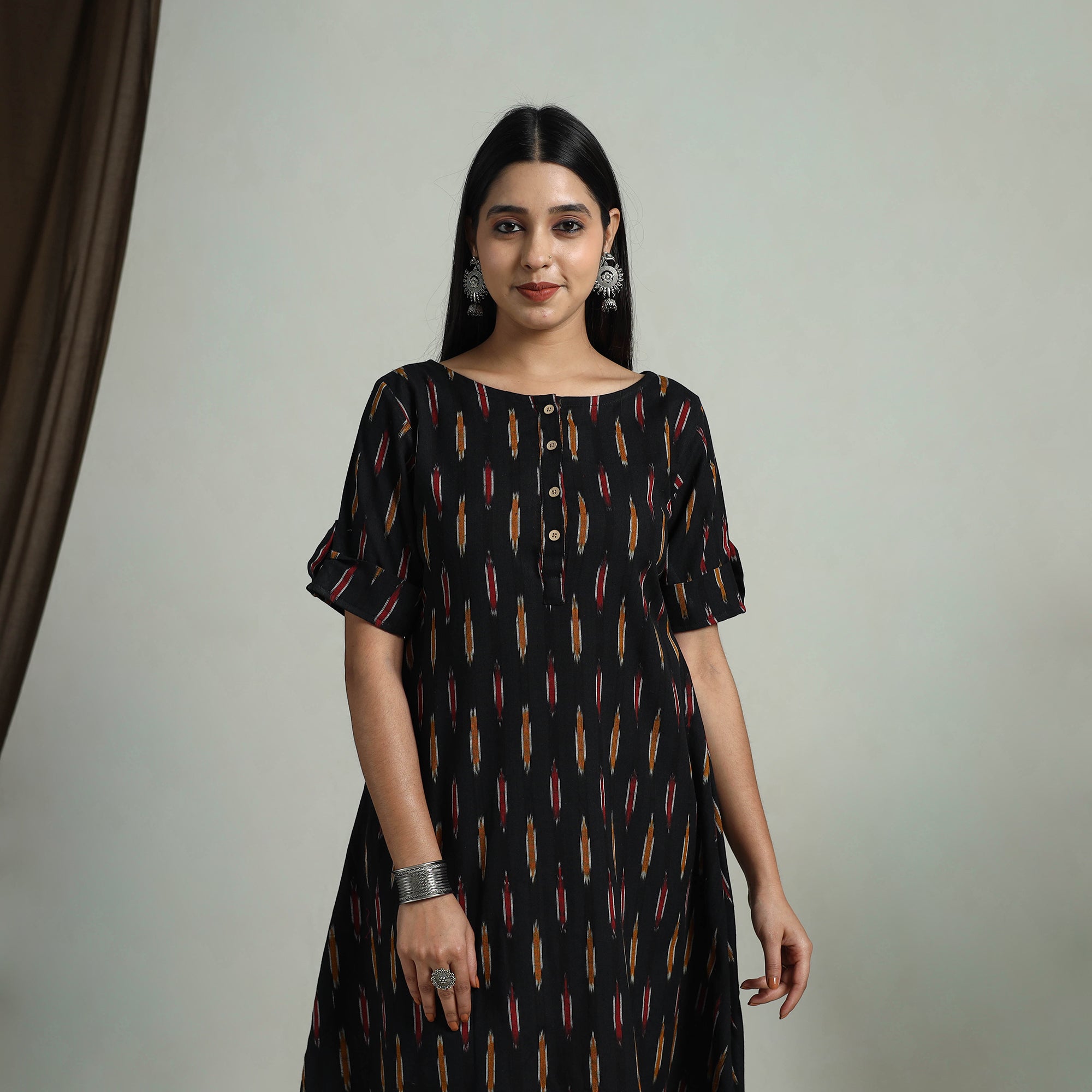 ITOKRI CASUALS Black - Flared Cotton Short Pochampally Ikat Dress 08
