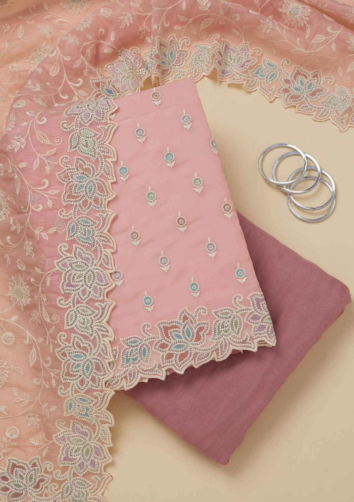 Koskii Pink Threadwork Organza Unstitched Salwar Suit
