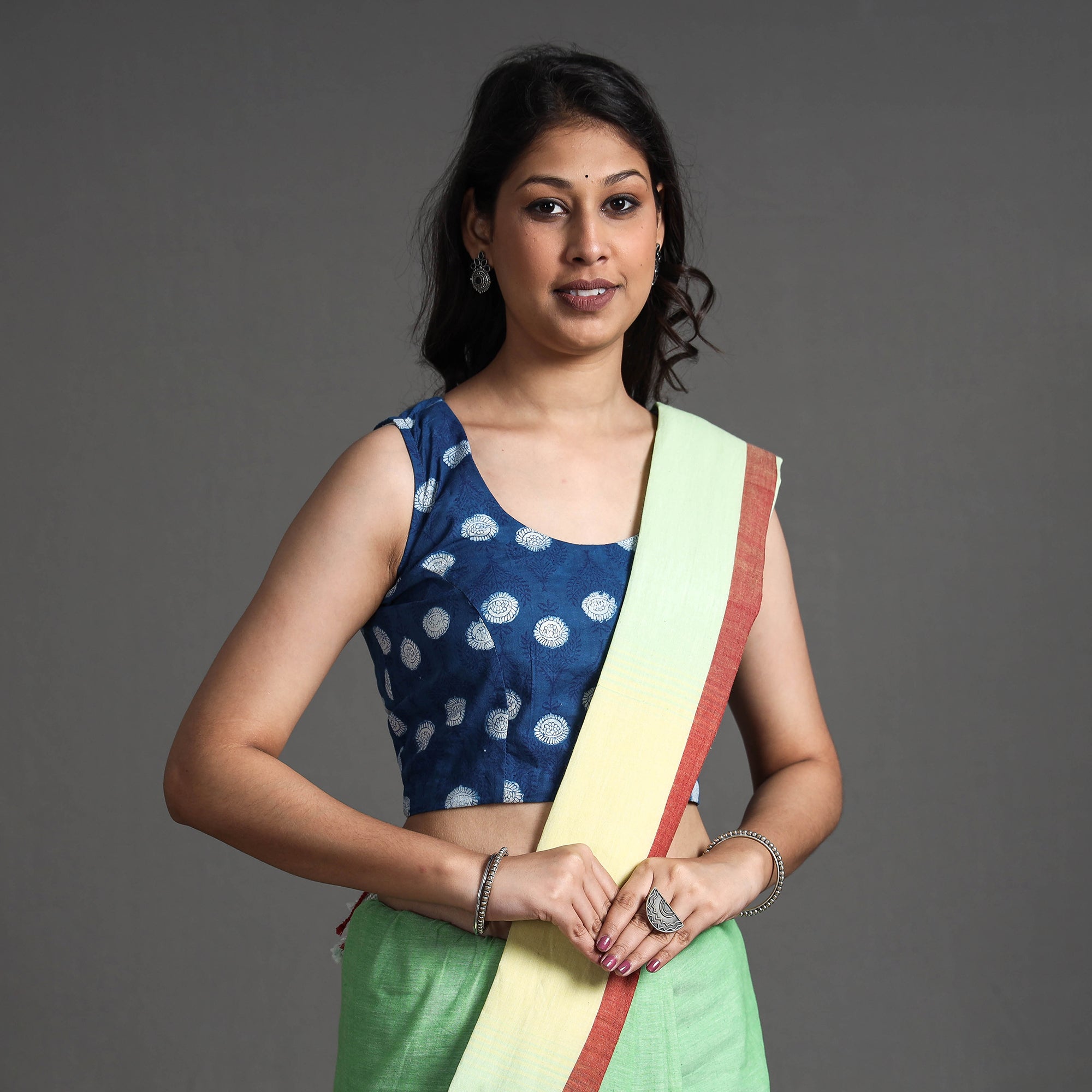 ITOKRI CASUALS Blue - Bagru Dabu Block Printed Cotton Stitched Sleeveless Blouse