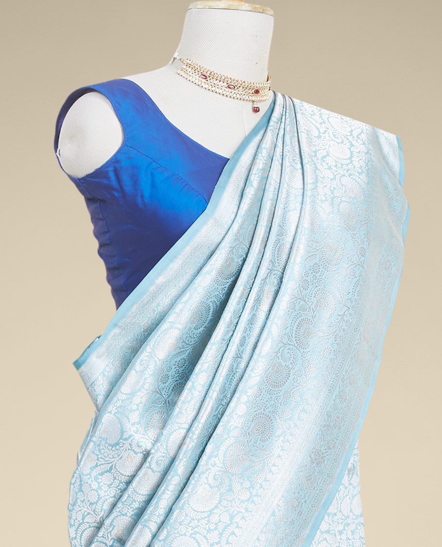 Pothys Blue floral jacquard banaras silk saree with self-intricate zari border