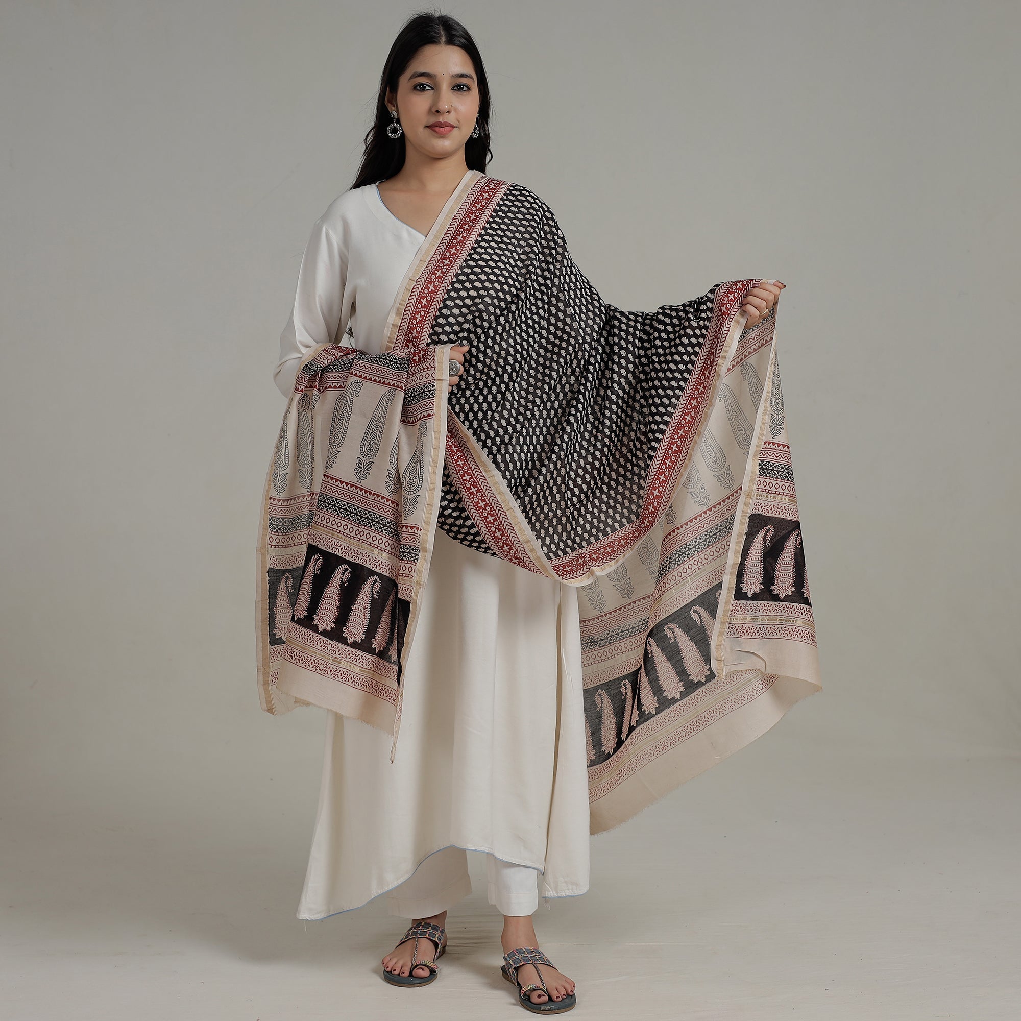 BAGH PRINTS BY MOHAMMED RAFIK KHATRI Black - Natural Dyed Hand Block Print Chanderi Silk Bagh Dupatta 04