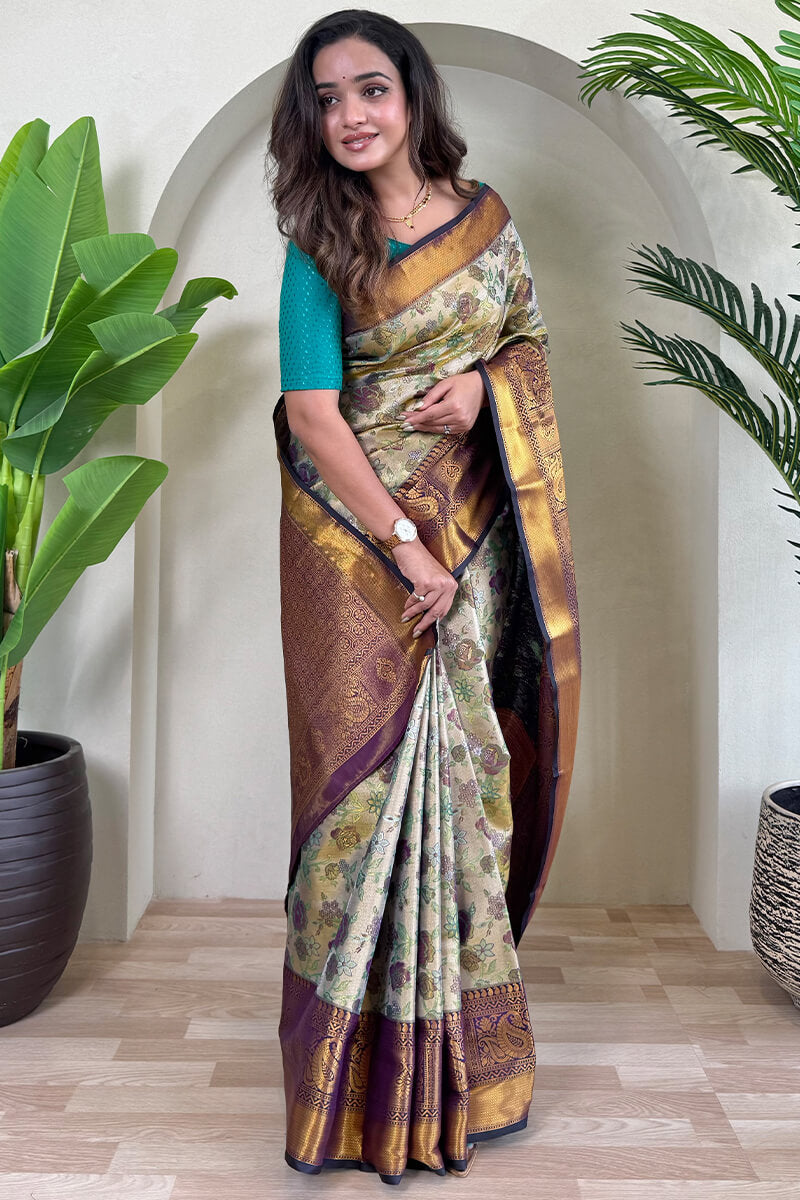 Tasrika Imaginative Beige and Blue Kanjivaram Silk Saree With Refreshing Blouse Piece - view 3