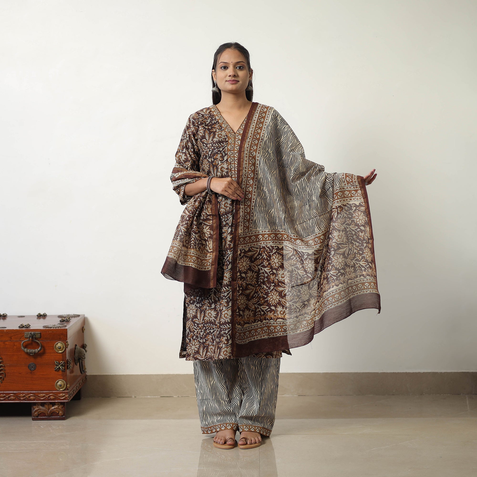 ITOKRI CASUALS Brown - Chanderi Silk Hand Block Bagru Print Kurta Set 02 - view 3