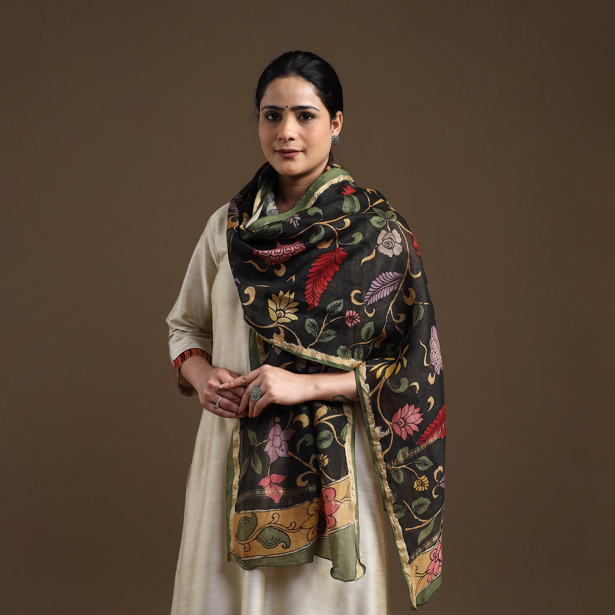 SOUTH KARGHA Black - Handpainted Chanderi Silk Pen Kalamkari Stole 02