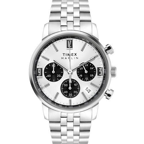 Timex Marlin Men Chronograph Tachymeter Silver Dial Stainless Steel Bracelet Watch 42mm TWEG26704