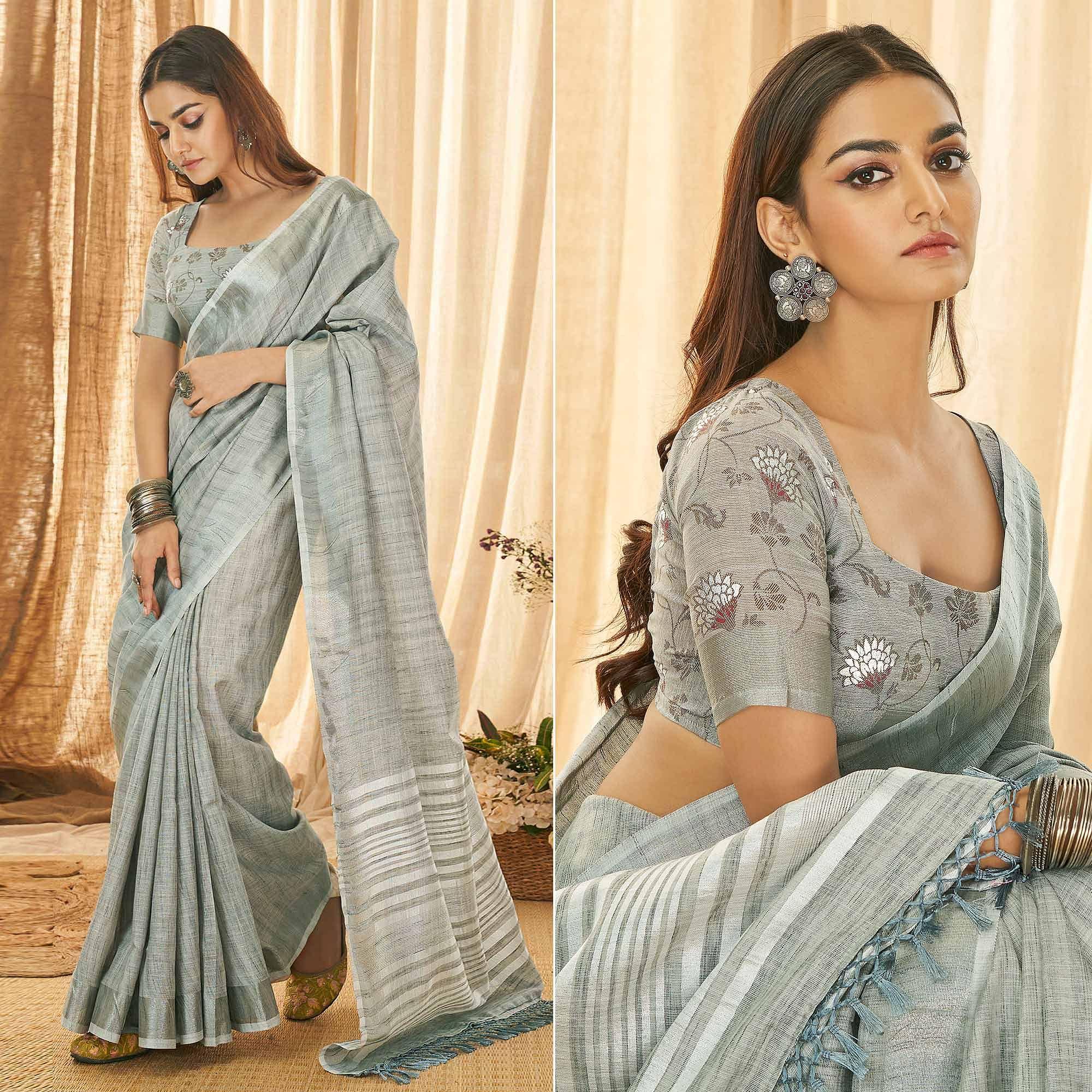 Peachmode Grey Solid Linen Saree – Women's