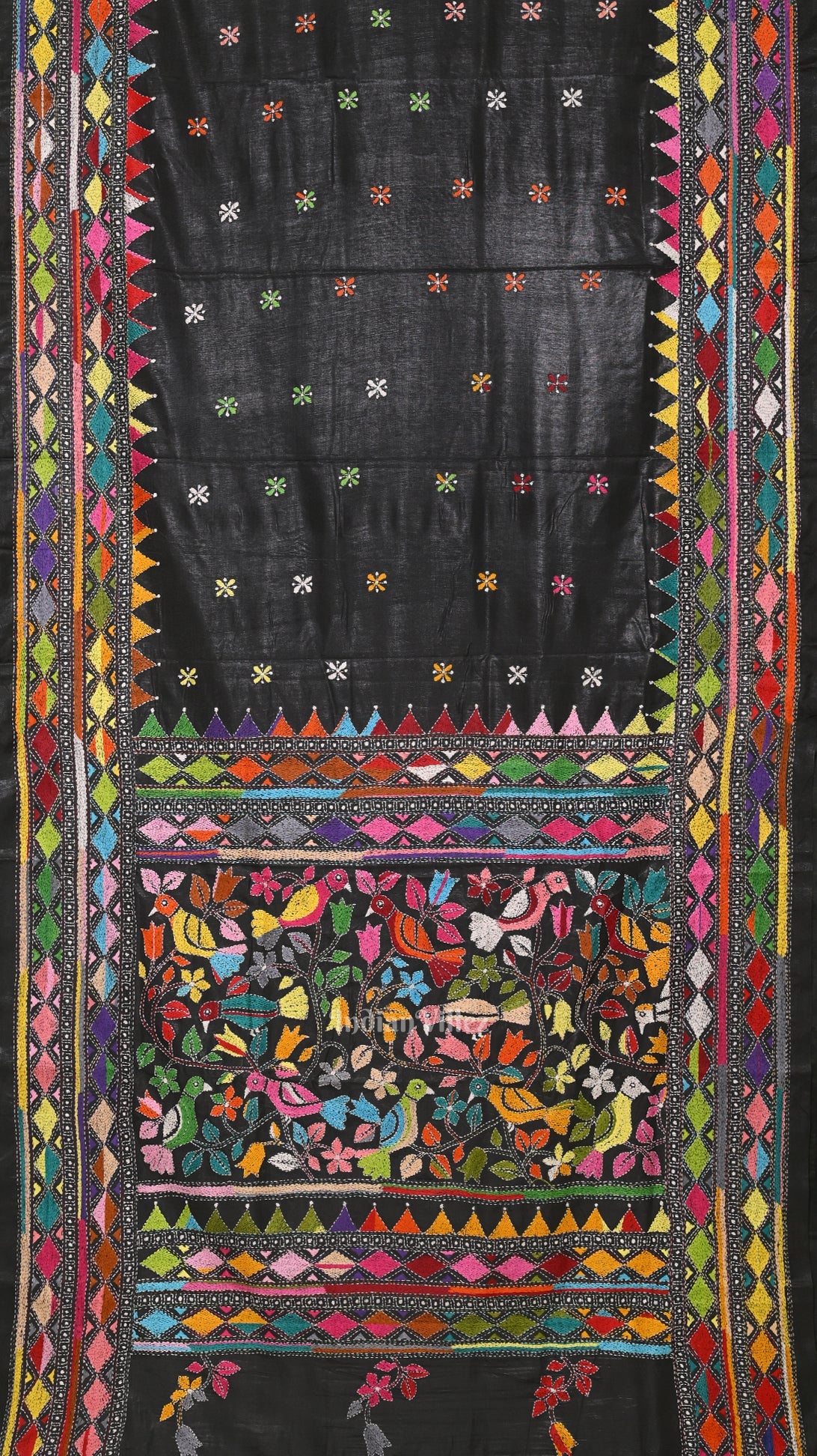 IndianVillèz Black Handwoven Kantha Stitch Silk Saree