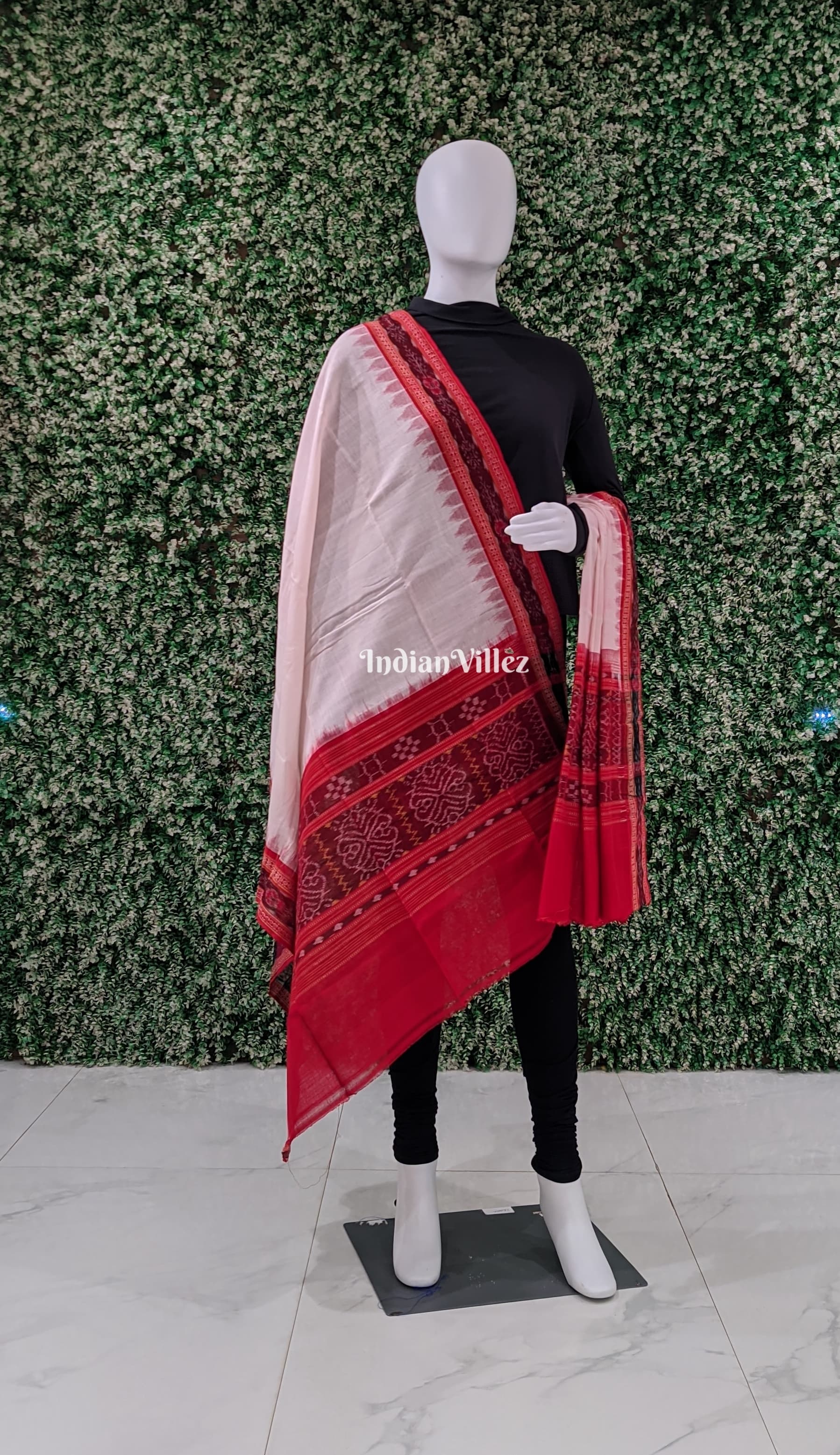 IndianVillèz White Red Handwoven Odisha Ikat Cotton Dupatta
