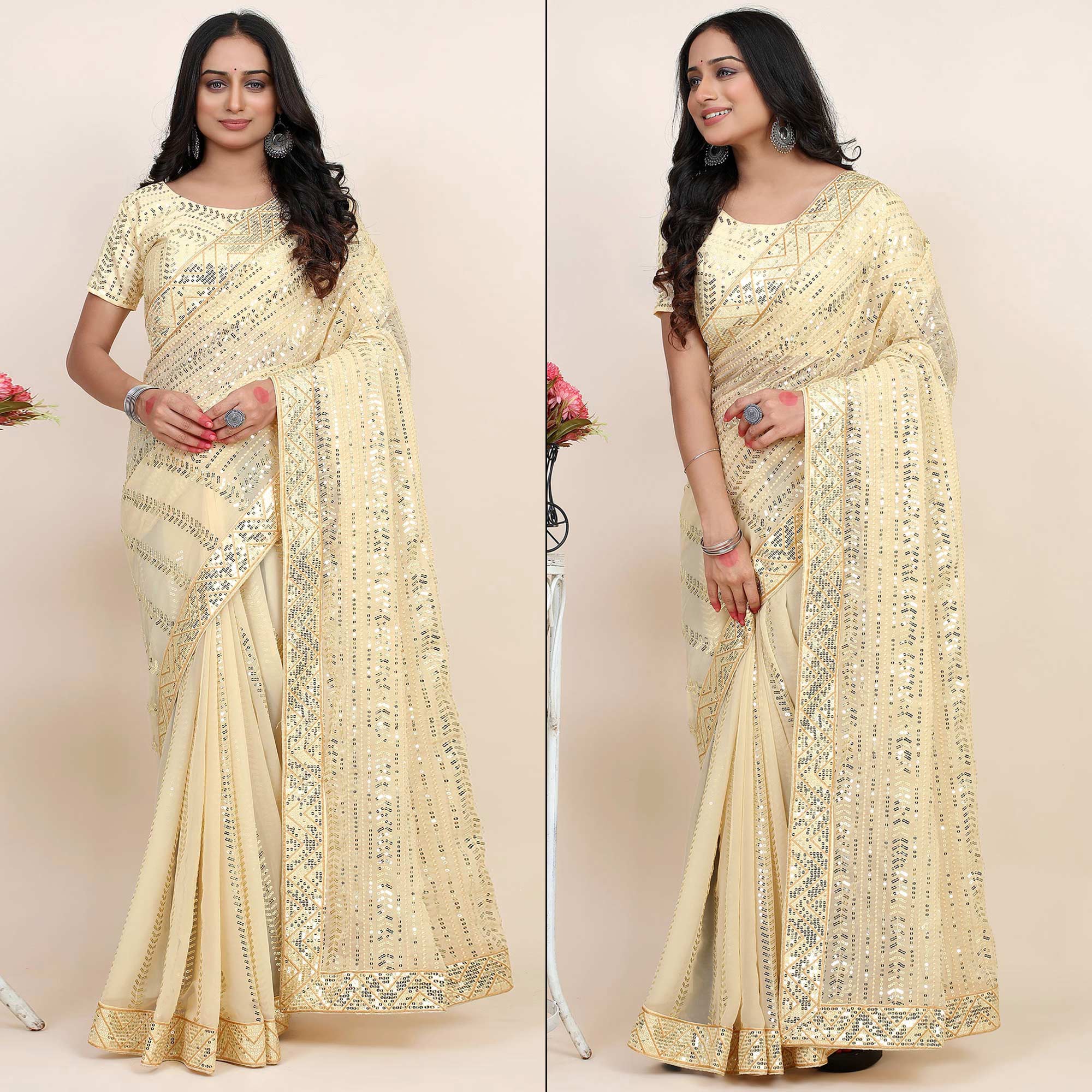 Peachmode Light Chikoo Sequins Embroidered Georgette Saree