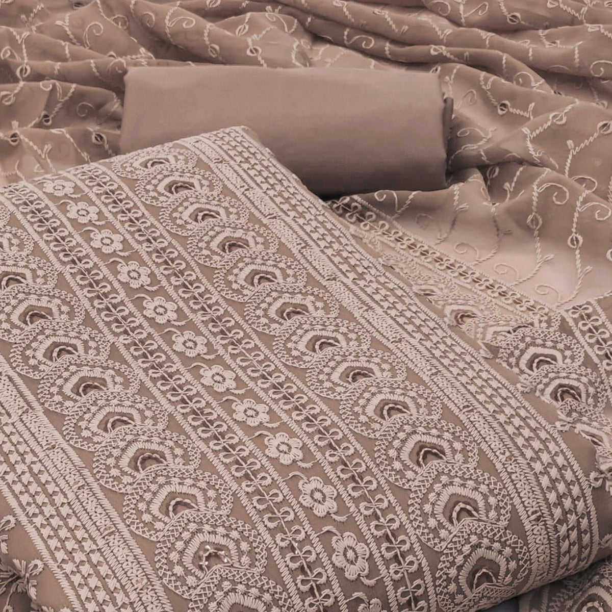 Peachmode Brown Floral Embroidered Georgette Dress Material - view 2