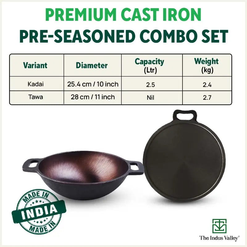 The Indus Valley Super Smooth Cast Iron Kadai+Tawa+ Free ₹400 Tadka Pan, Kitchen set for Home, 100% Pure, Toxin-free, Nonstick - view 3