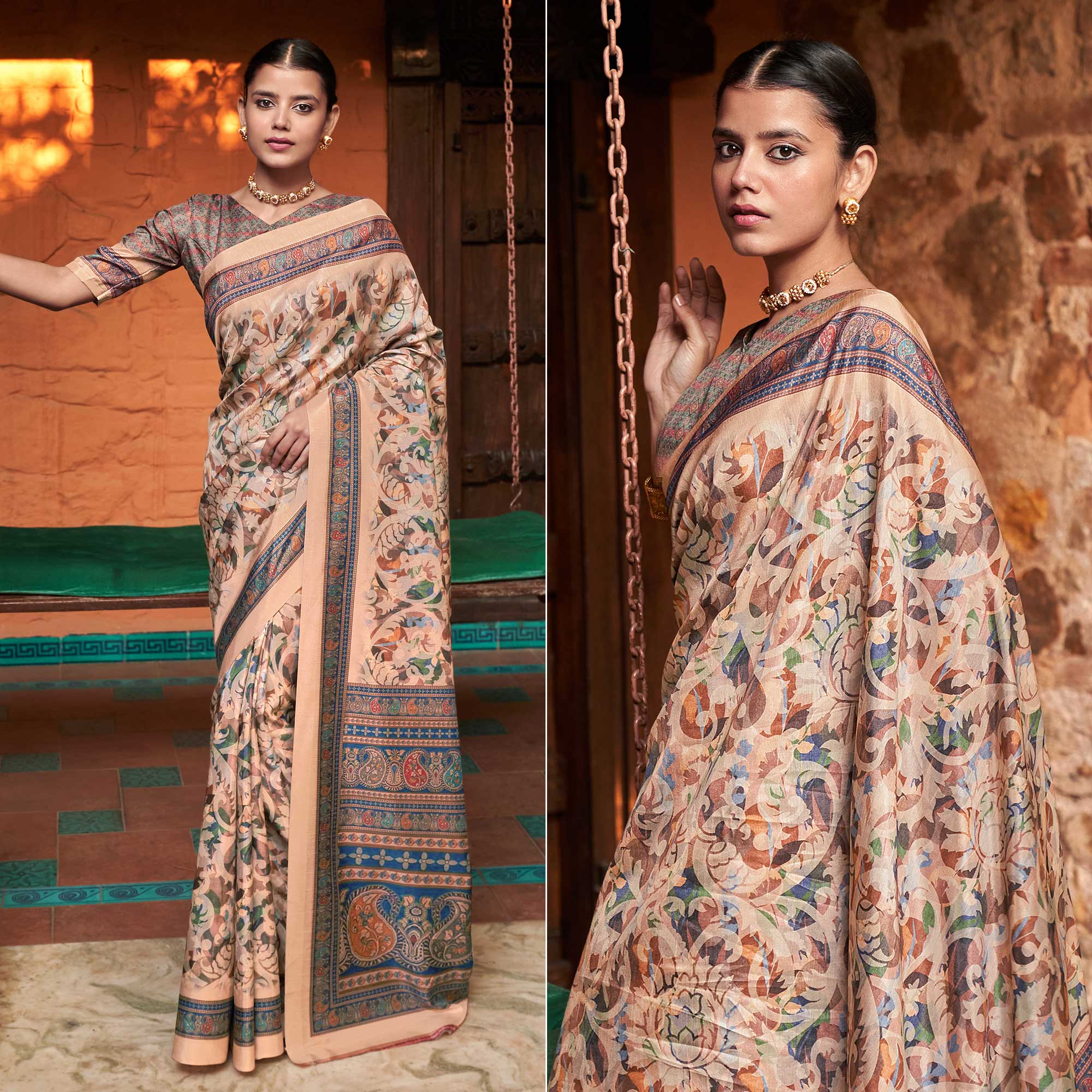 Peachmode Cream Digital Printed Satin Saree – Women's