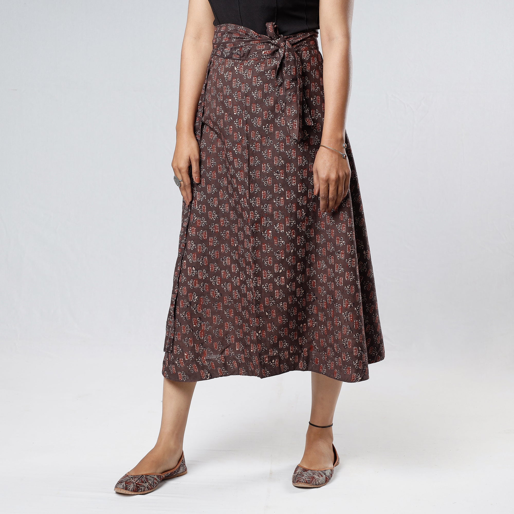 NOORI BAZAR Brown - Ajrakh Block Printed Cotton Wrap Around Skirt