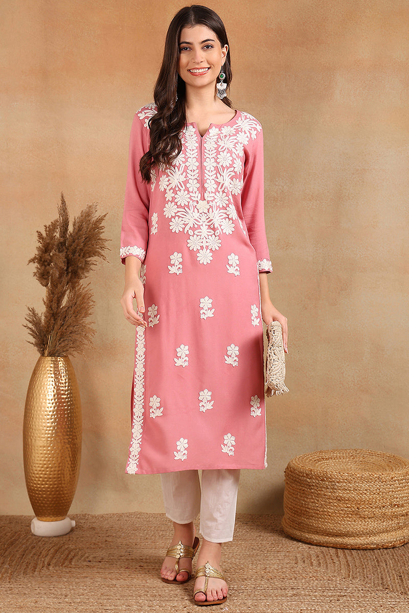 Ahika Pink Viscose Rayon Solid Embroidered Chikankari Straight Kurta VCK9776PNK - view 4