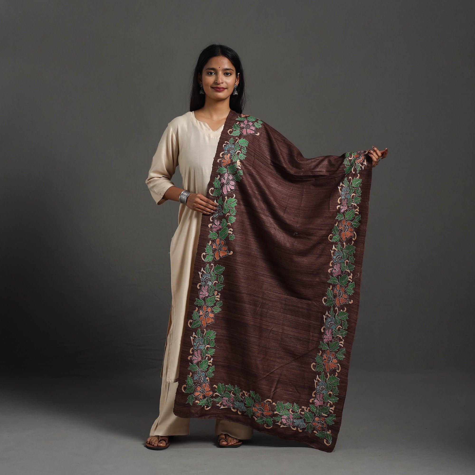 KHUSHBASH - HAPPY LOOM OF EAST Brown - Handloom Matka Silk Bengal Kantha Work Stole 22 - view 2