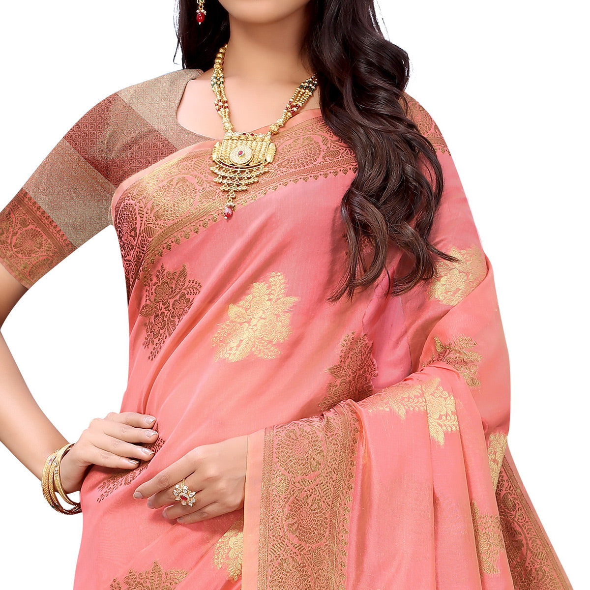 Peachmode Gajari Pink Festive Wear Floral Woven Silk Saree - view 2