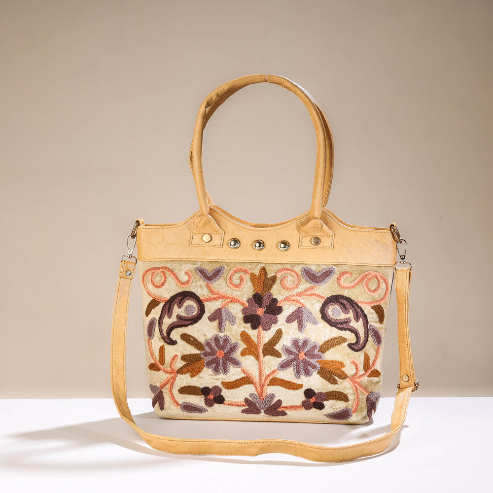 ITOKRI CRAFTS INITIATIVE Beige - Original Crewel Hand Embroidered Hand Bag with Leather Handle