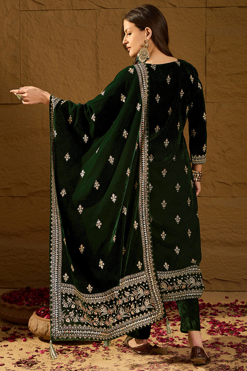 Ahika Green Velvet Ethnic Motifs Printed Straight Trousers Suit Set PKSKD2880 - view 4