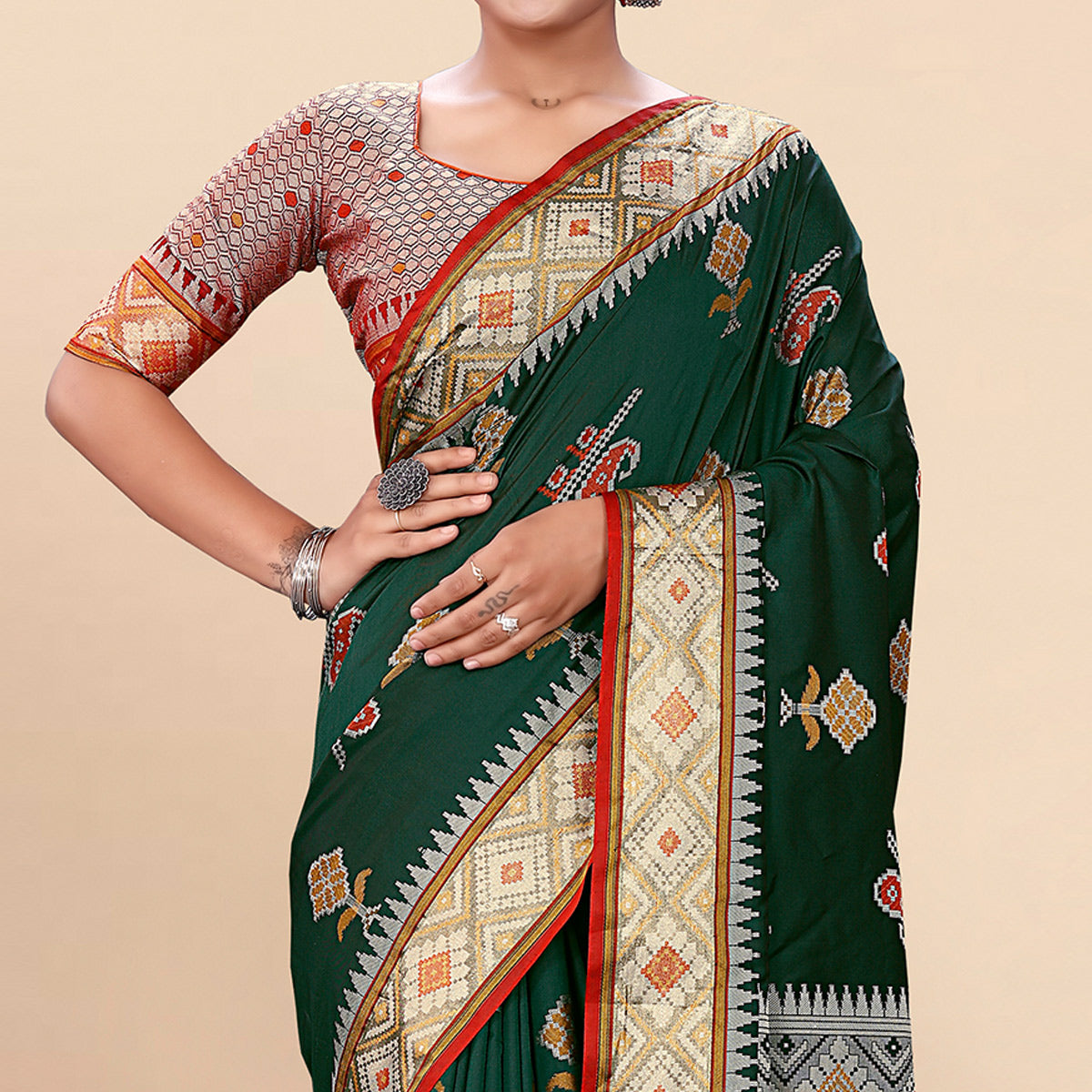 Peachmode Dark Green Woven Patola Art Silk Saree With Tassels - view 3