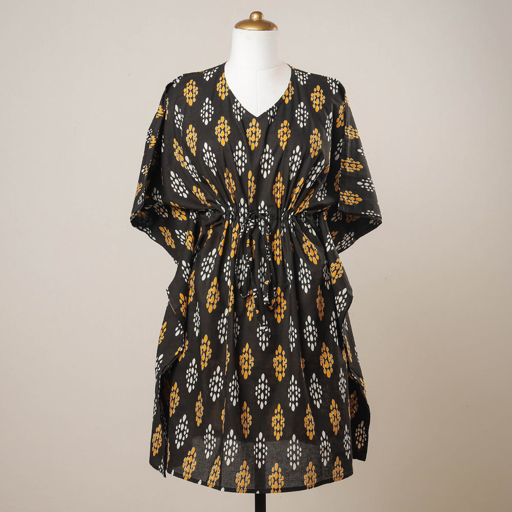 CHUTNEY CRAFT STUDIO Black - Sanganeri Printed Cotton Kaftan with Tie-Up Waist (Medium)