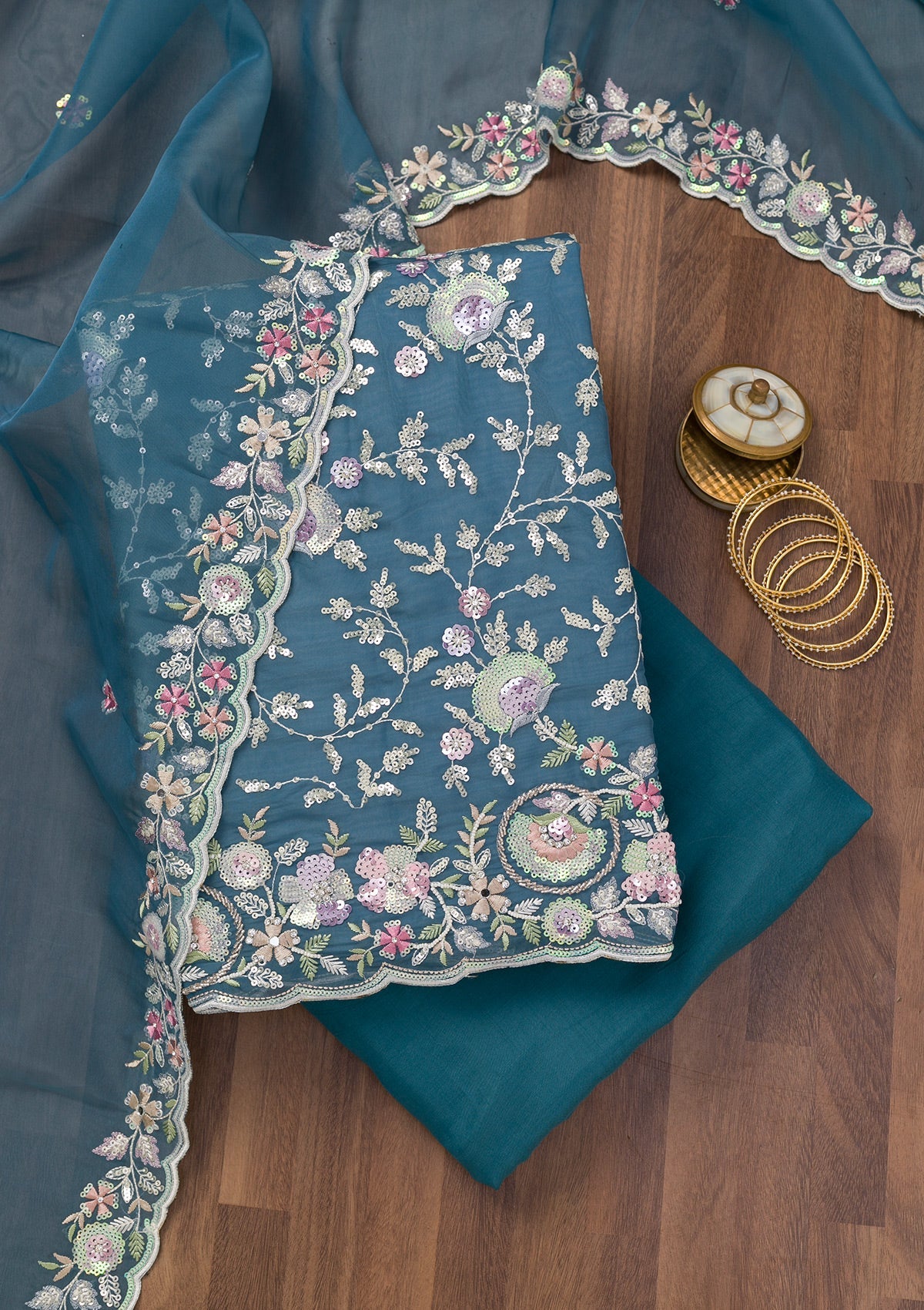 Koskii Peacock Blue Threadwork Tissue Unstitched Salwar Suit