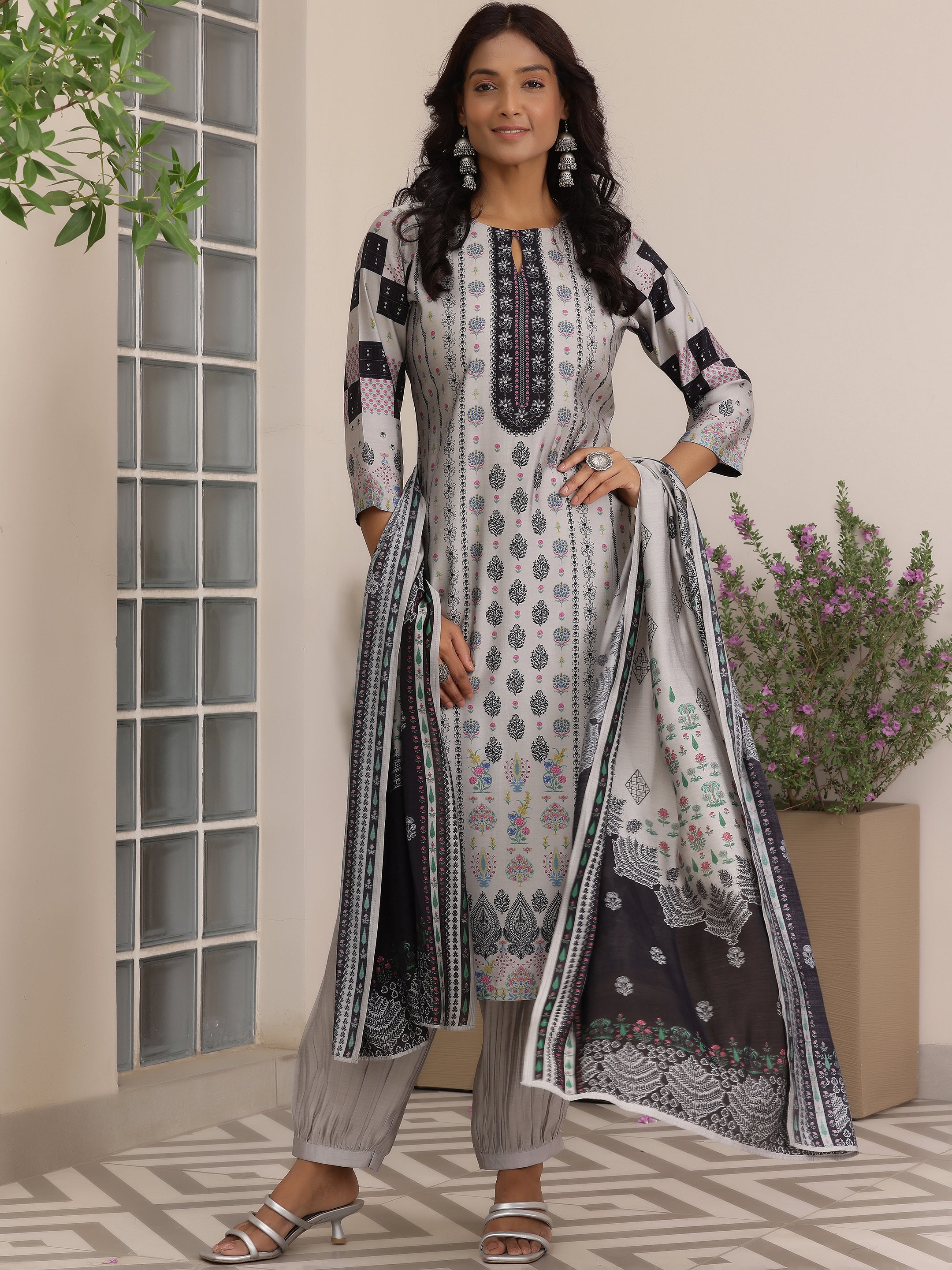 Libas Grey Printed Silk Blend Straight Suit With Dupatta - view 2