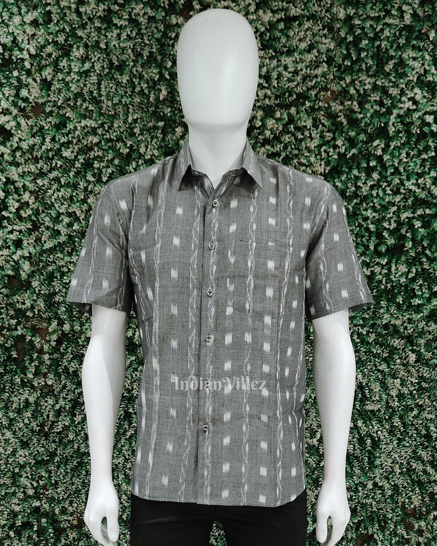 IndianVillèz Grey Tipa Design Odisha Ikat Cotton Half Sleeve Shirt for Men