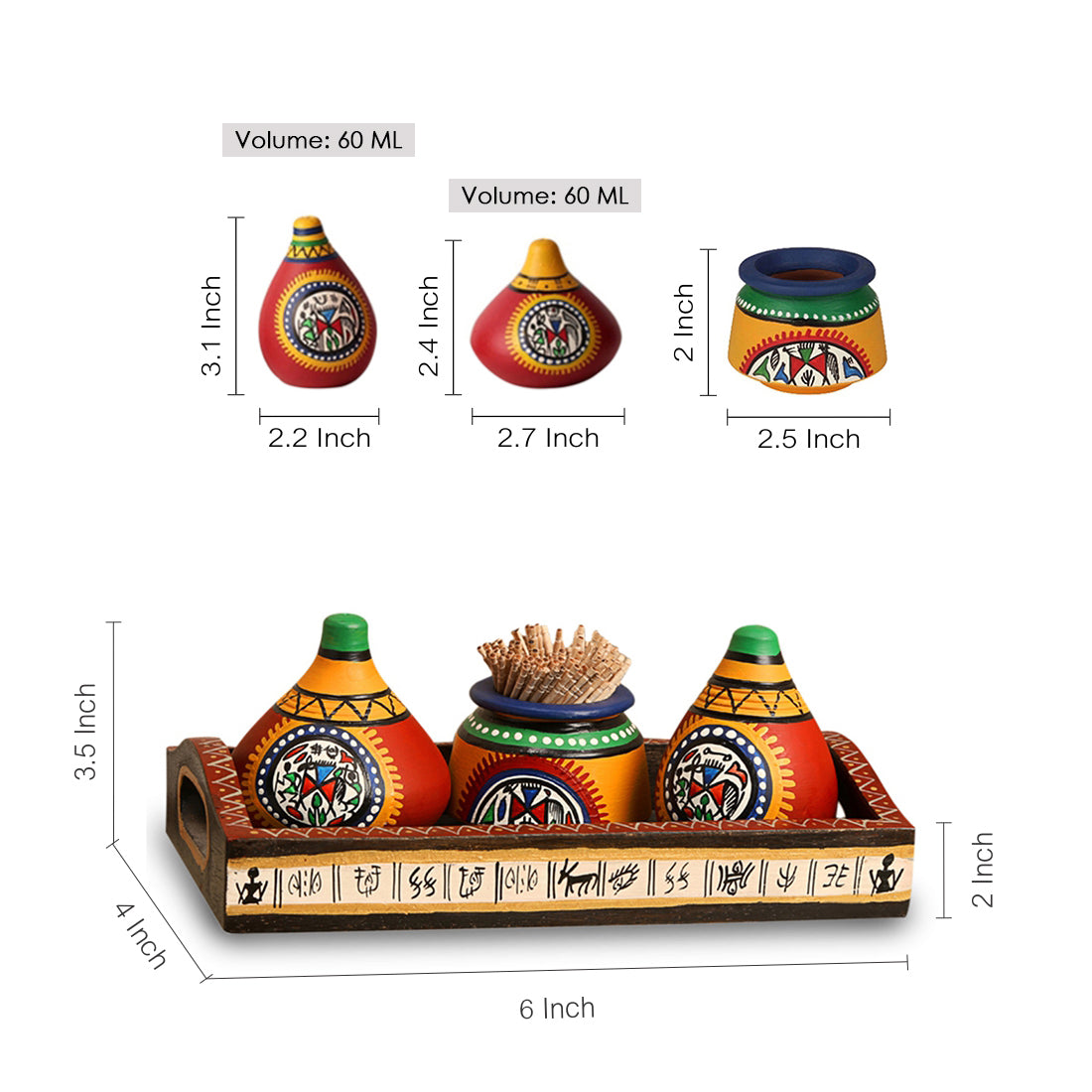 EXCLUSIVELANE 'Matkis On The Table' Terracotta Warli Salt & Pepper Shaker With Toothpick Holder & Wooden Tray - view 4