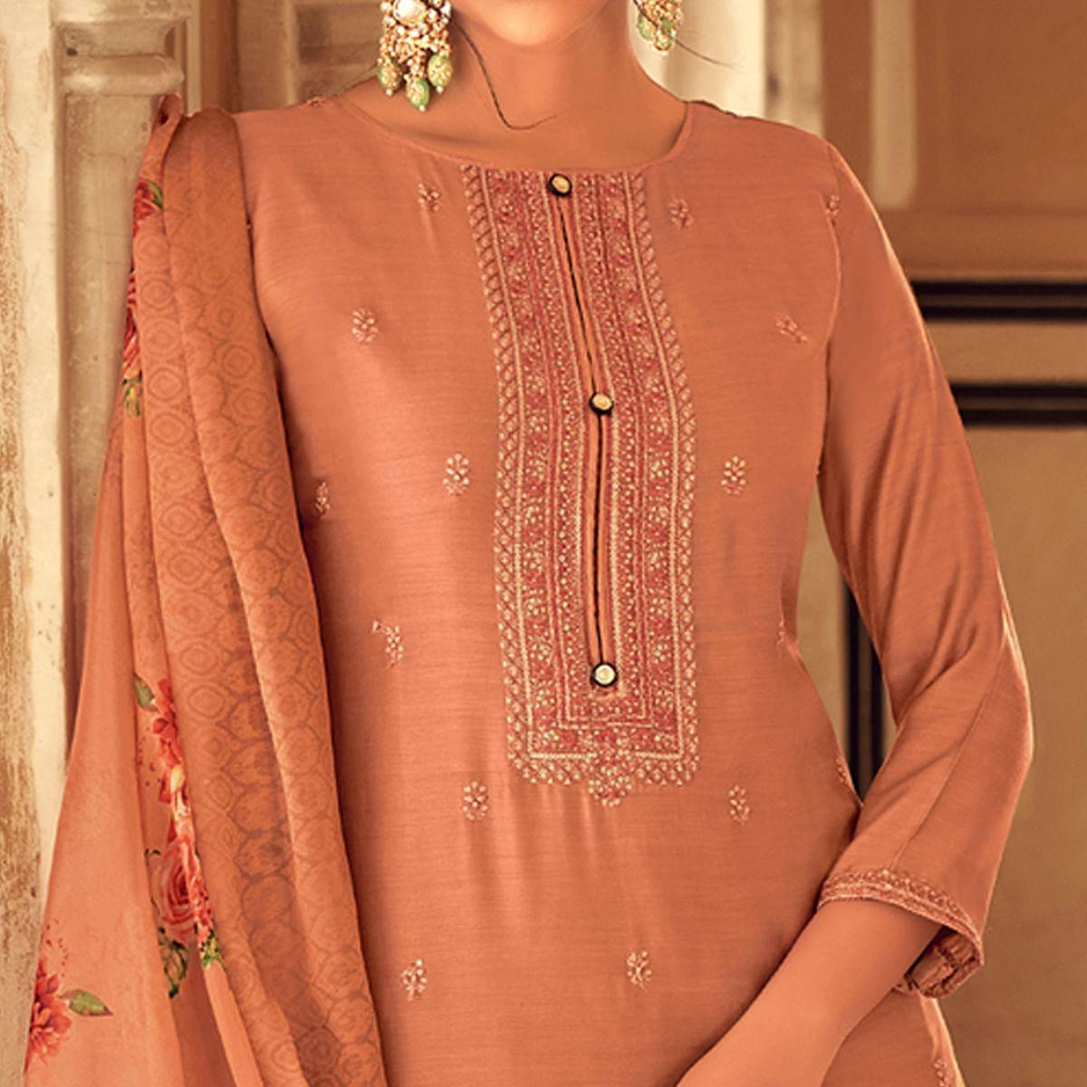 Peachmode Brown Partywear Embroidered Cotton Silk Suit - view 2