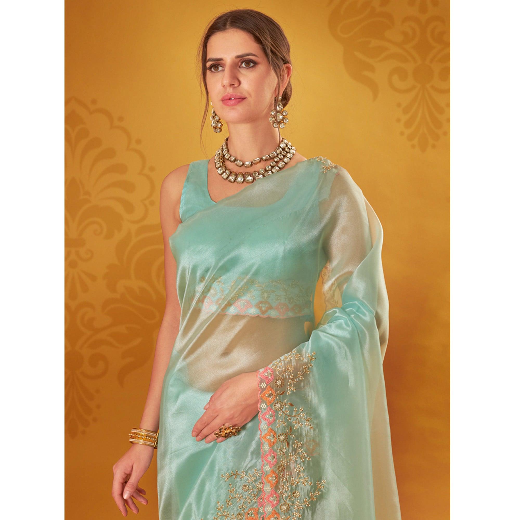 Peachmode Light Blue Embroidered Organza Saree - view 4