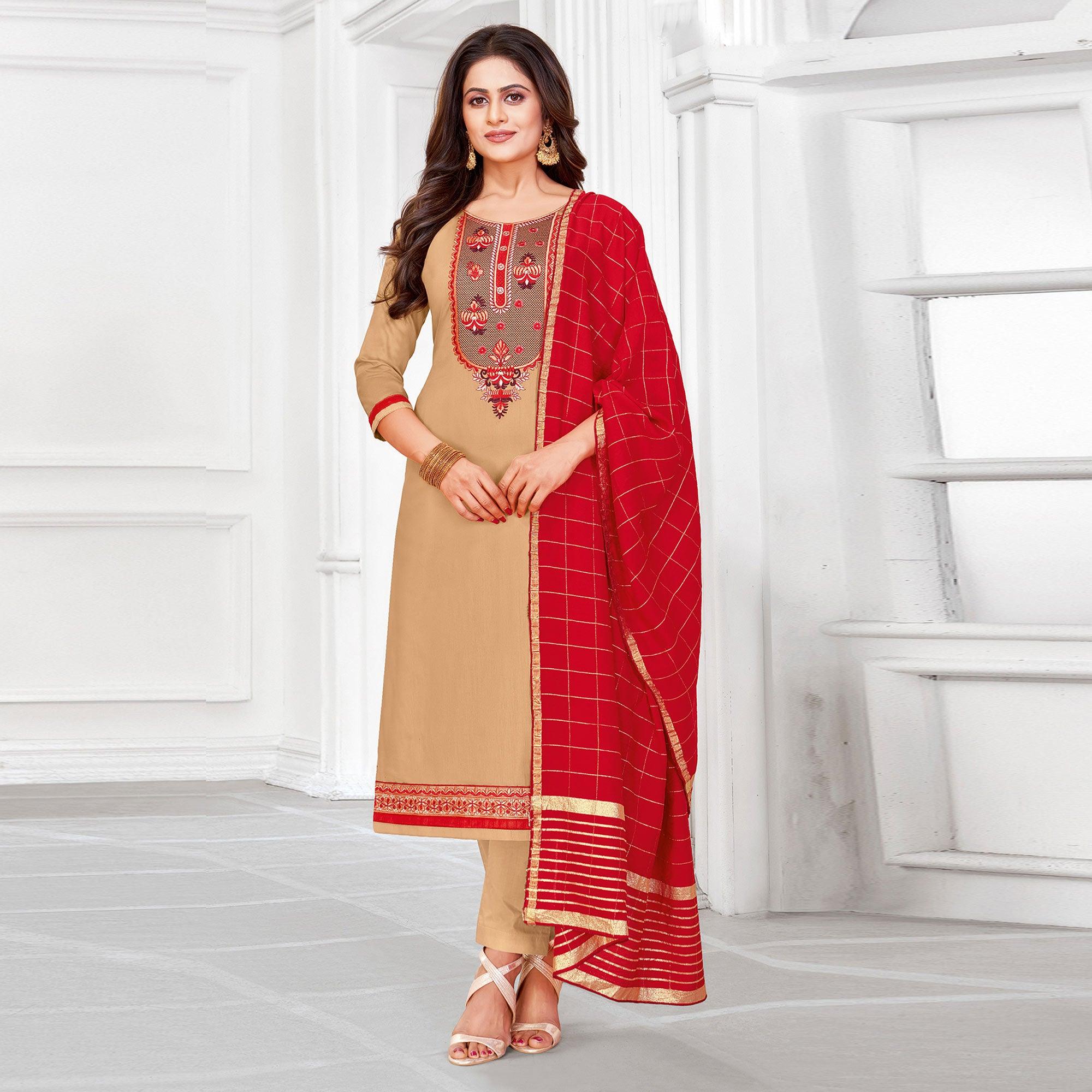 Peachmode Majesty BurlyWood Colored Partywear Designer Embroidery Cotton Salwar Suit