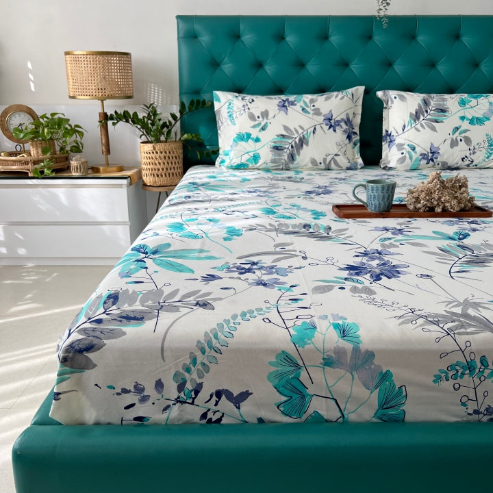 Urban Space -Home Furnishing Store Fitted King Size Cotton Bedsheet - Floral Feast Turquoise