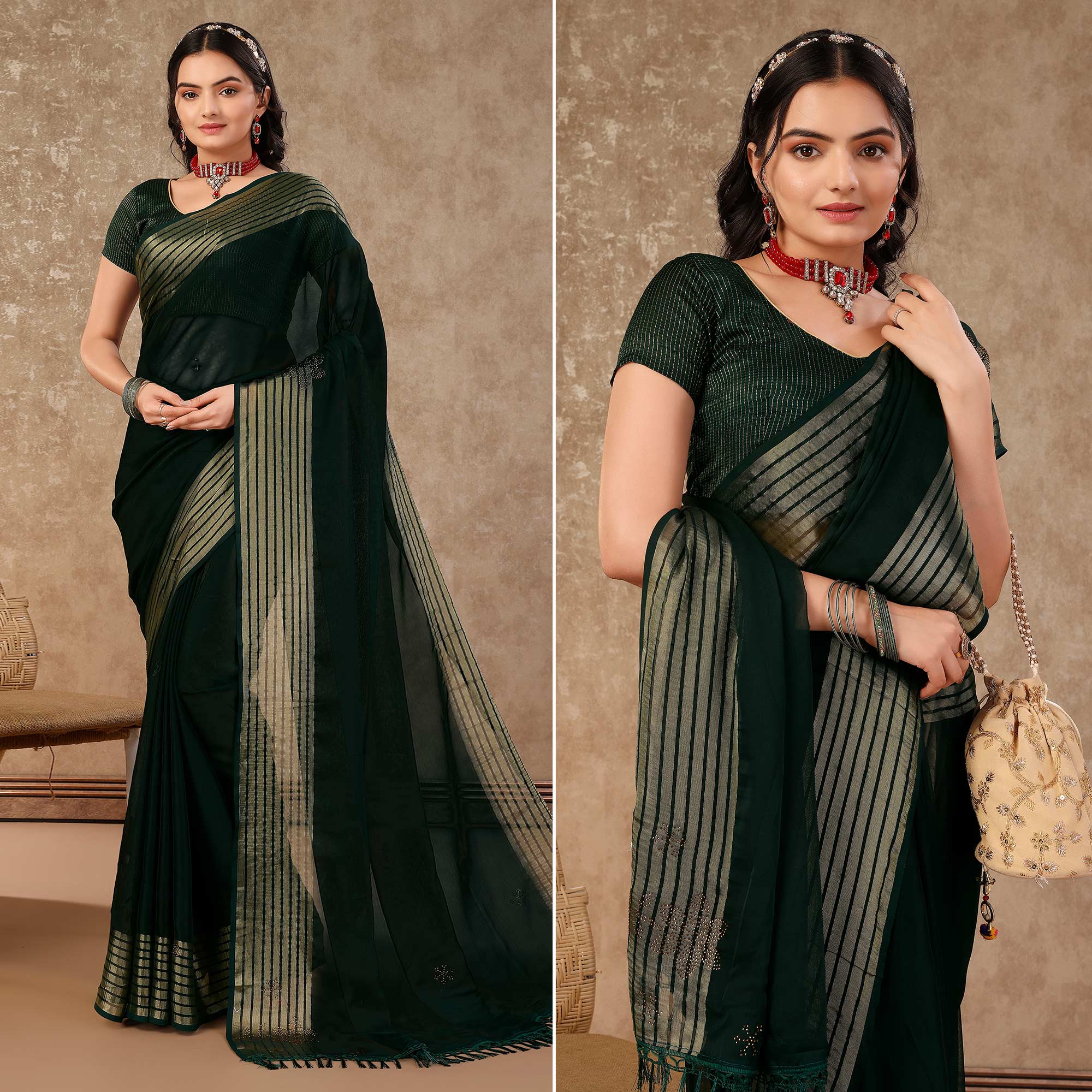 Peachmode Bottle Green Swarovski Work Chiffon Saree With Woven Border