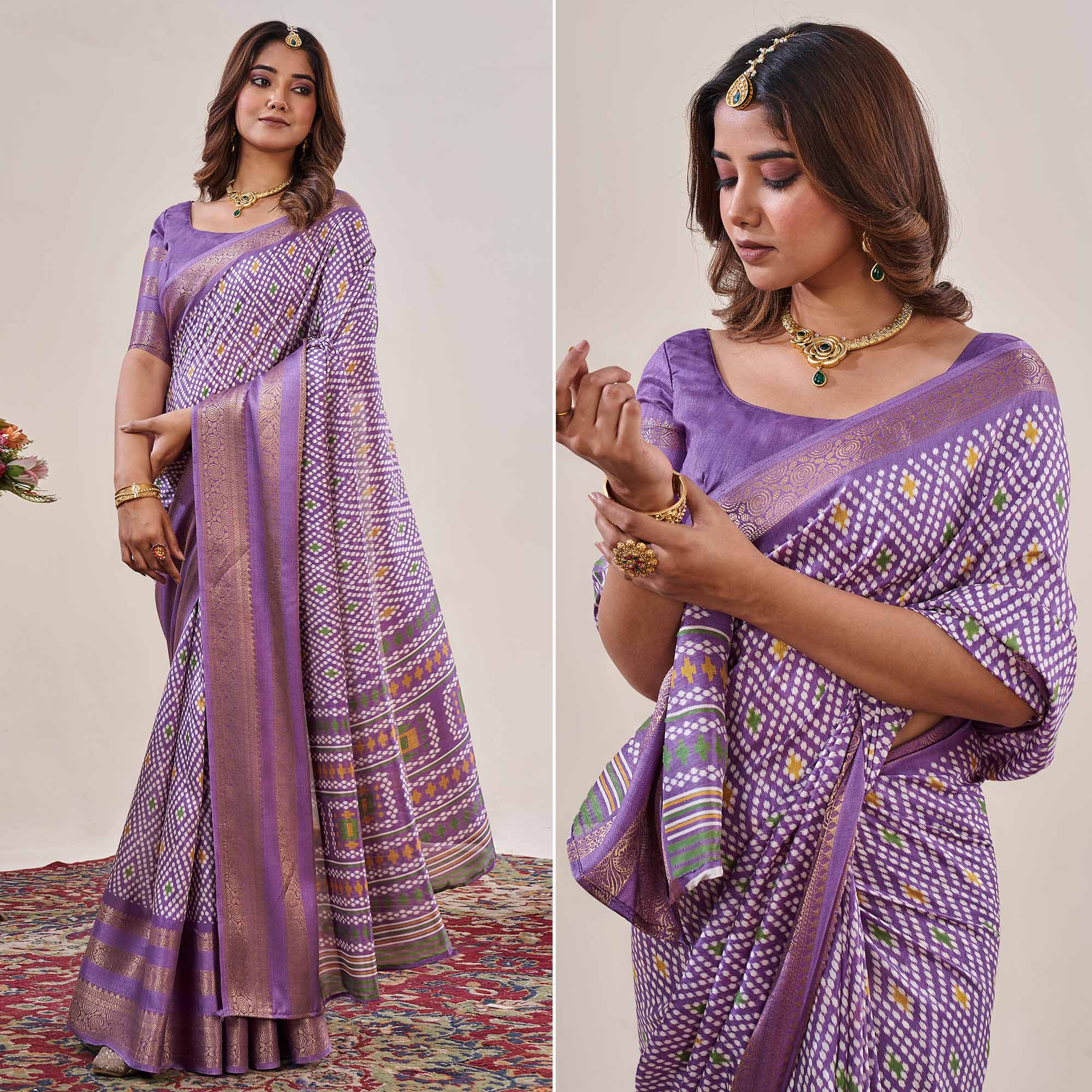 Peachmode Lavender Ikkat Printed With Jacquard Border Cotton Silk Saree