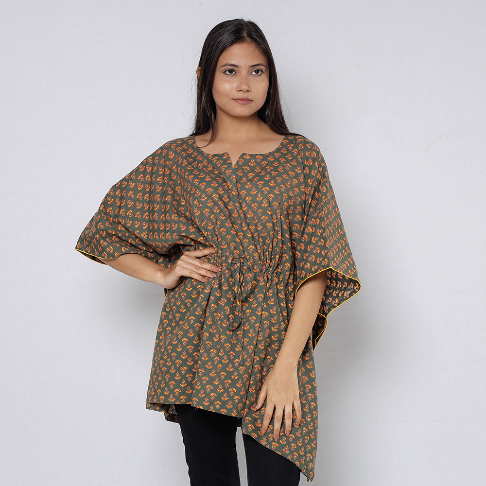 ITOKRI CASUALS Brown - Sanganeri Block Printed Cotton Kaftan with Tie-Up Waist (Short)