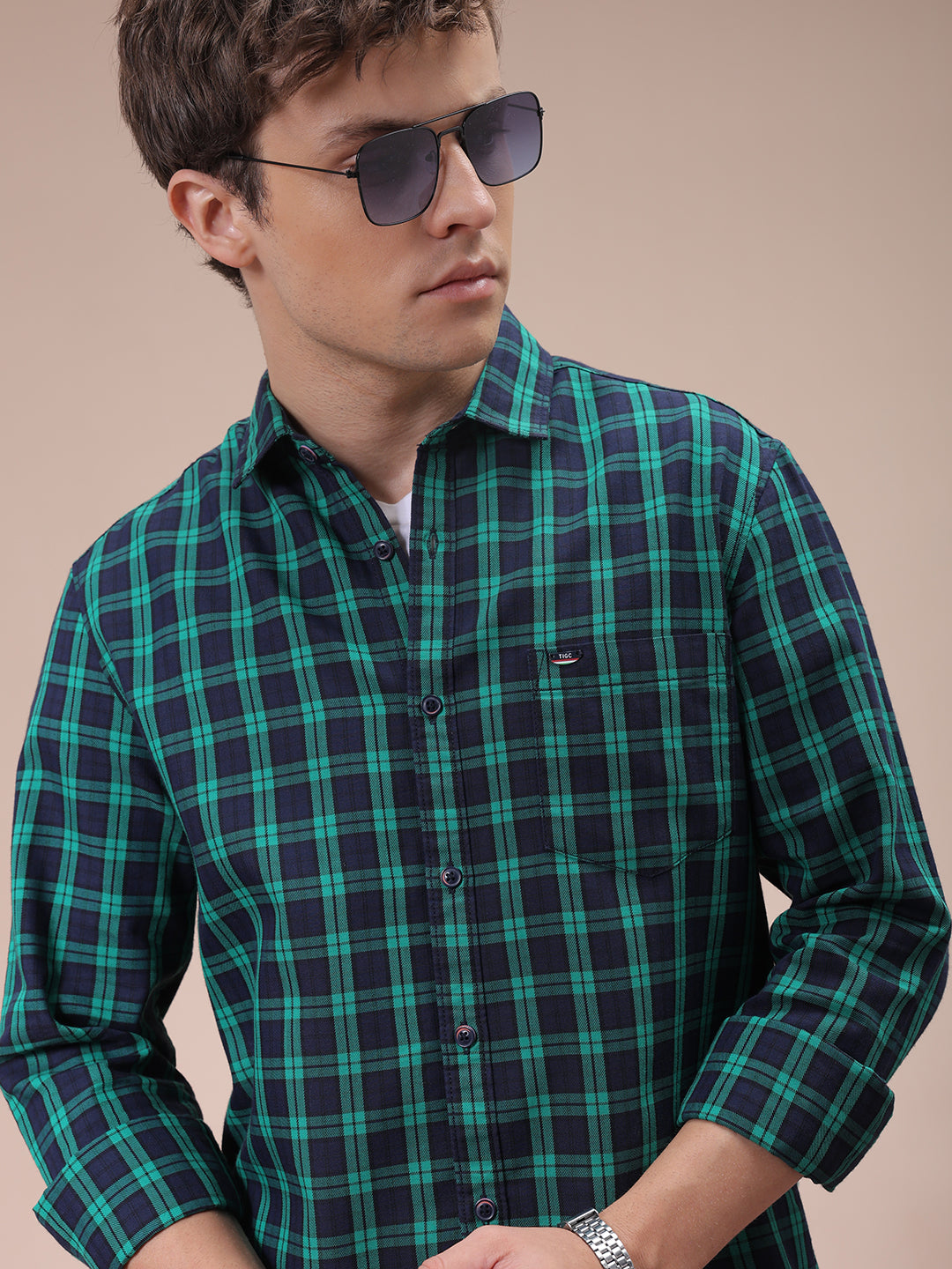 The Indian Garage Co Men's Green Slim Fit Checked Shirt