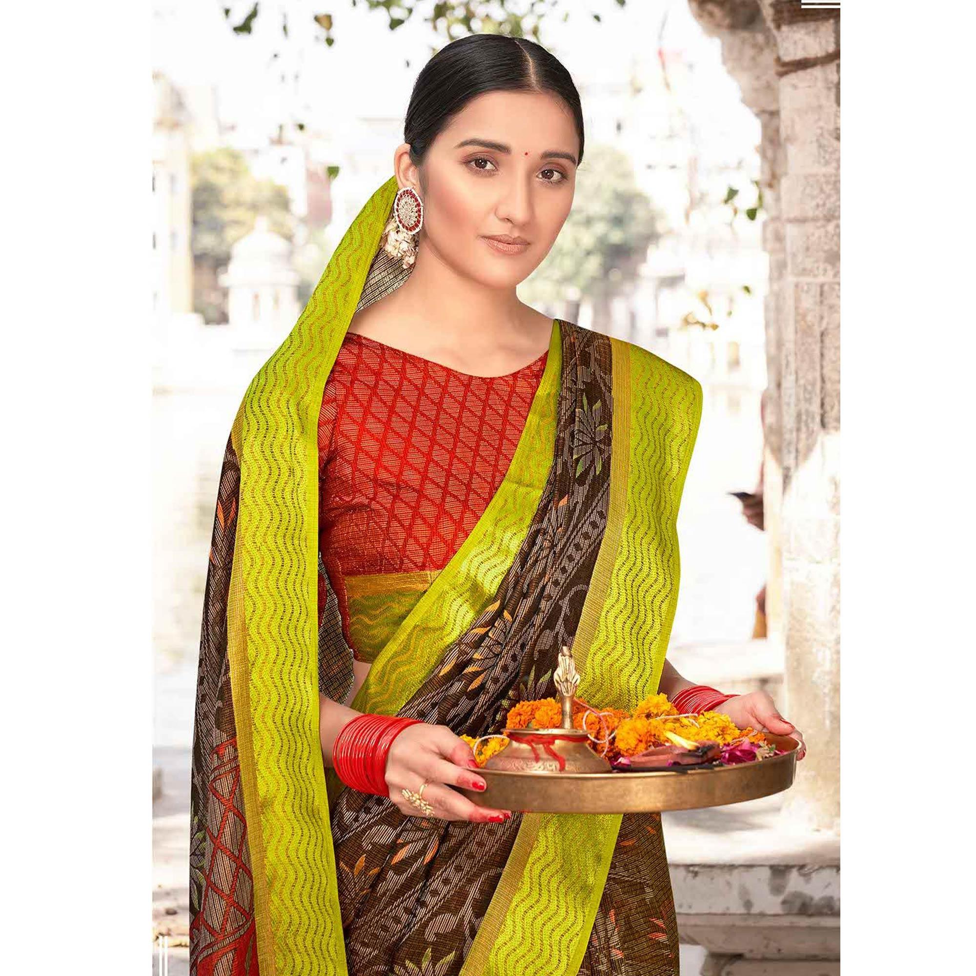 Peachmode Brown - Green Festive Wear Printed Brasso Saree - view 2