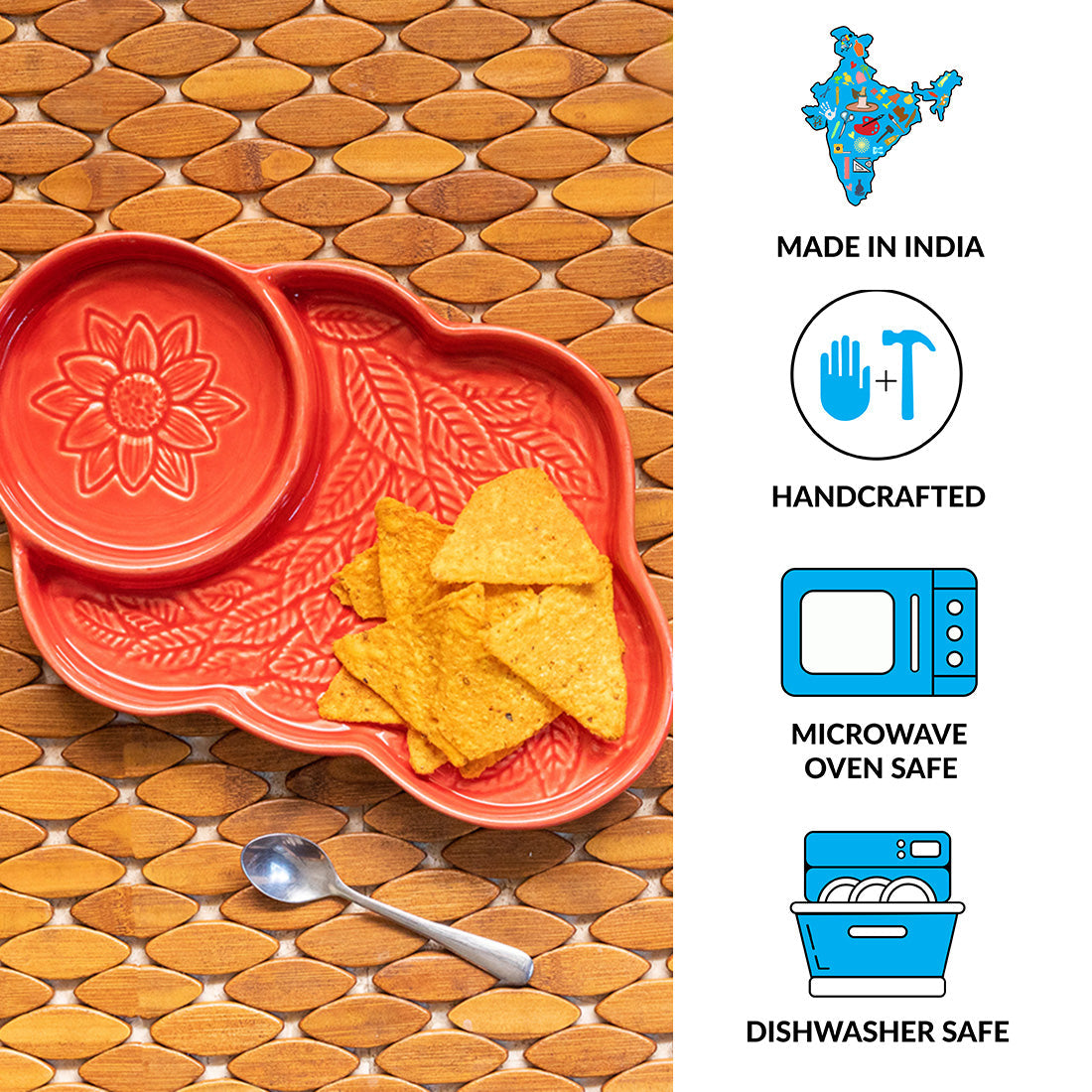 EXCLUSIVELANE 'Coral Reef' Chip-N-Dip Serving Platter In Ceramic (Hand Glazed Studio Pottery, Microwave Safe) - view 4