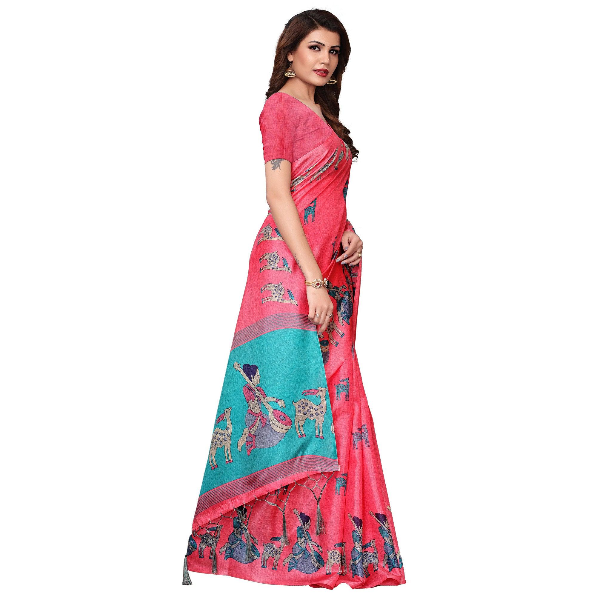 Peachmode Imposing Light Pink Colored Festive Wear Printed Art Silk Saree - view 4